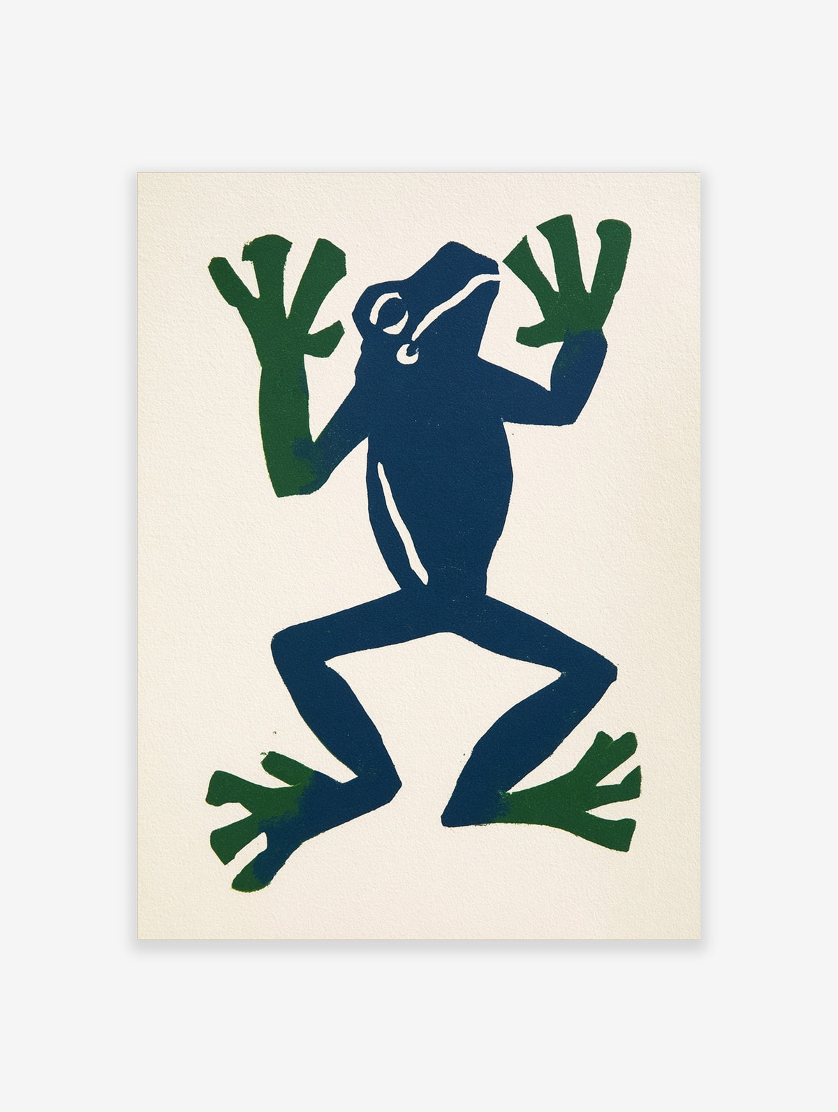 Navy blue frog with green limbs and white eye detail on cream background, animal poster