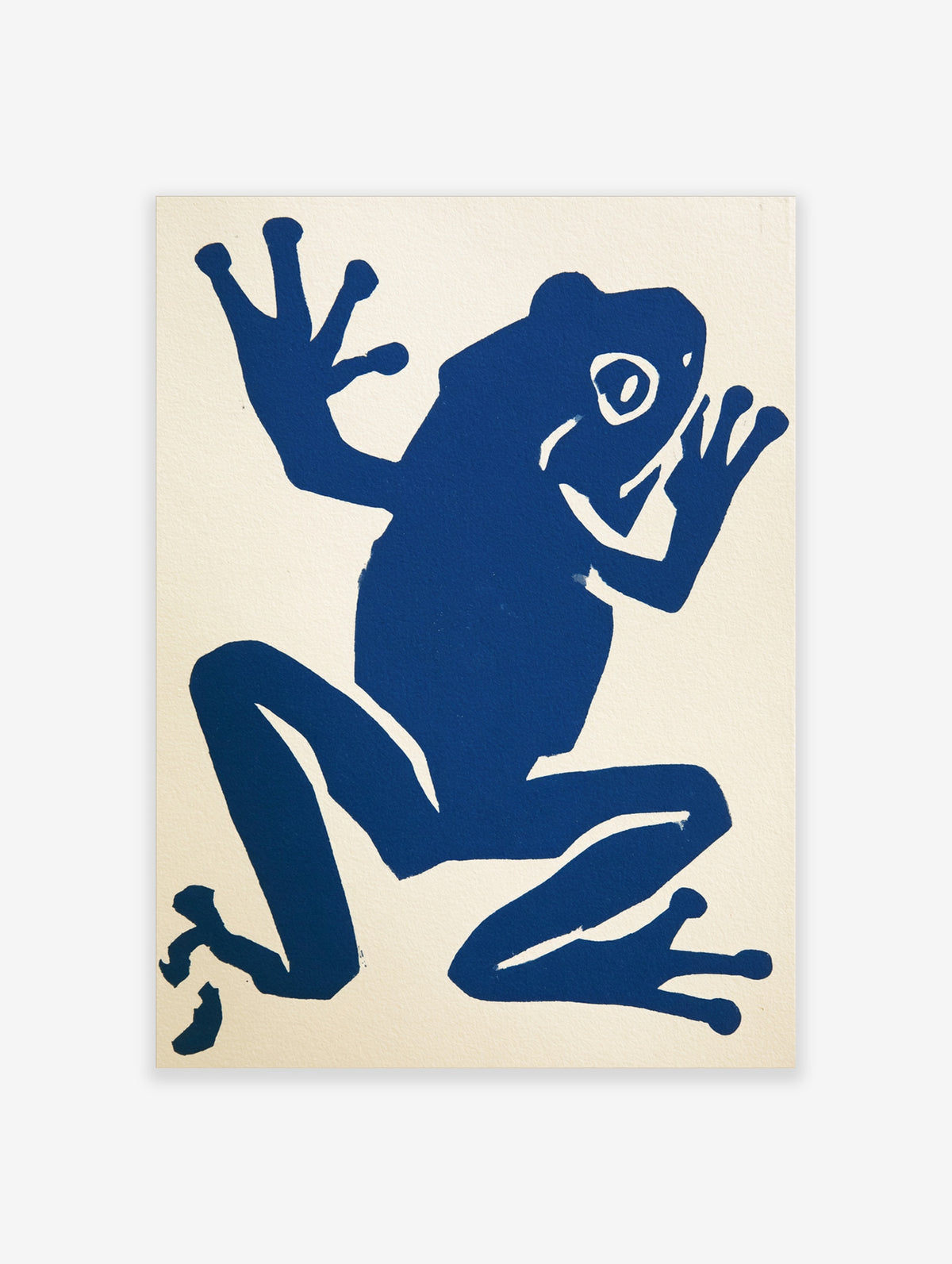 Navy blue frog silhouette with raised hand and white eye on cream background, modern animal poster