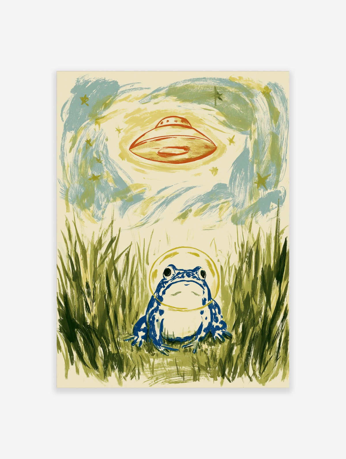 Blue frog with yellow halo in grass under a red UFO in a starry sky, surreal illustration print