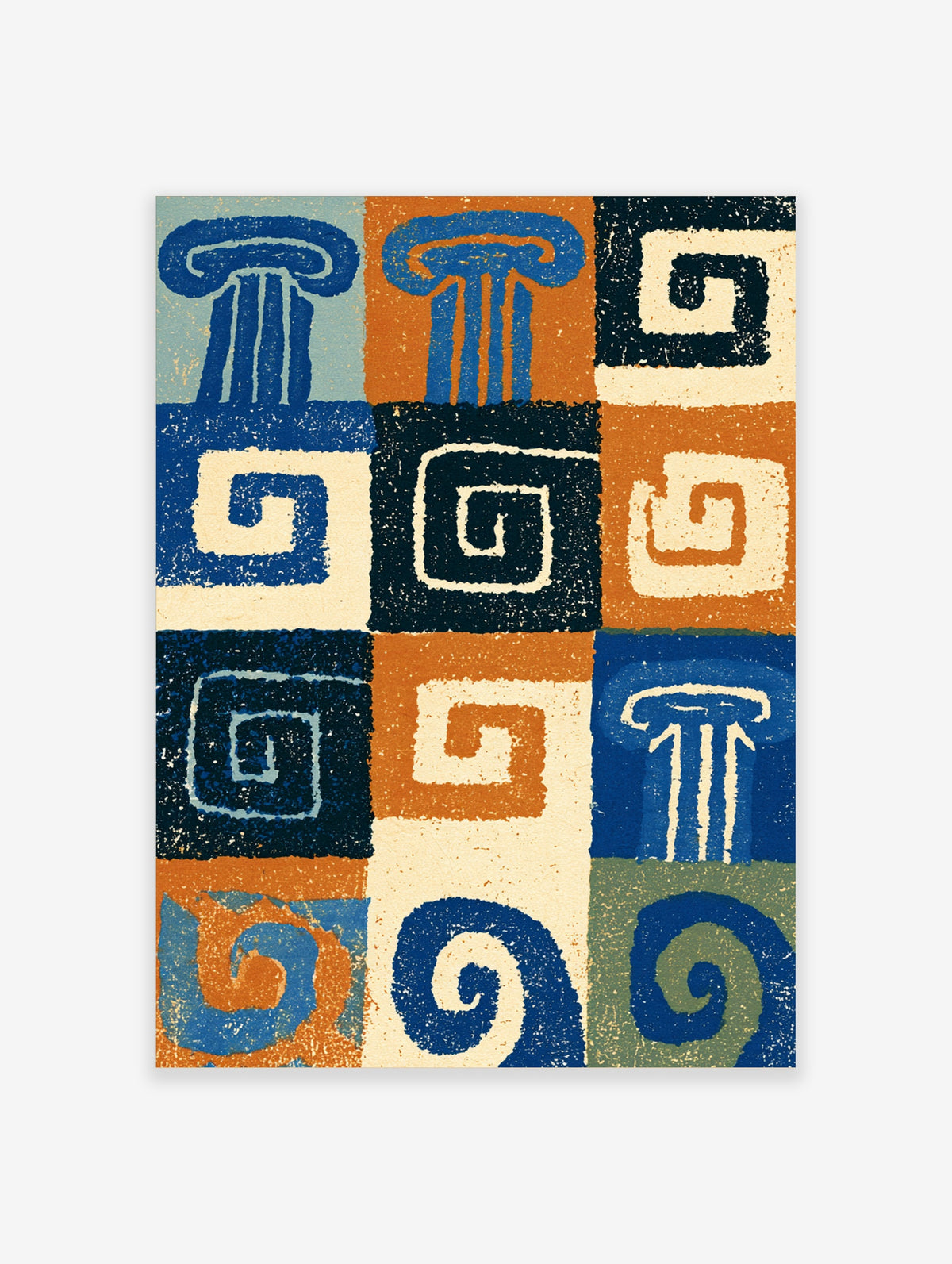 Blue and orange geometric poster with Greek column motifs and meander patterns in a grid