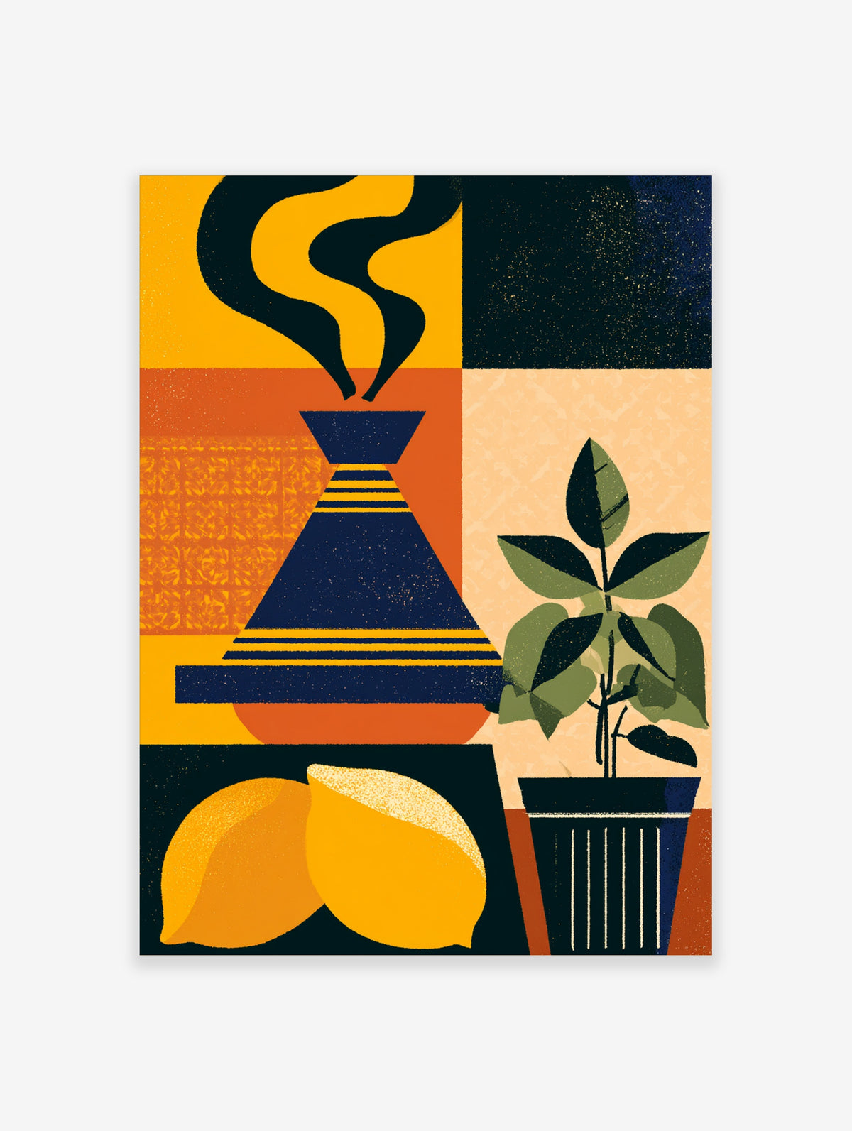 Blue geometric vase with yellow stripes, plant, lemons, and smoke in a modern still life print