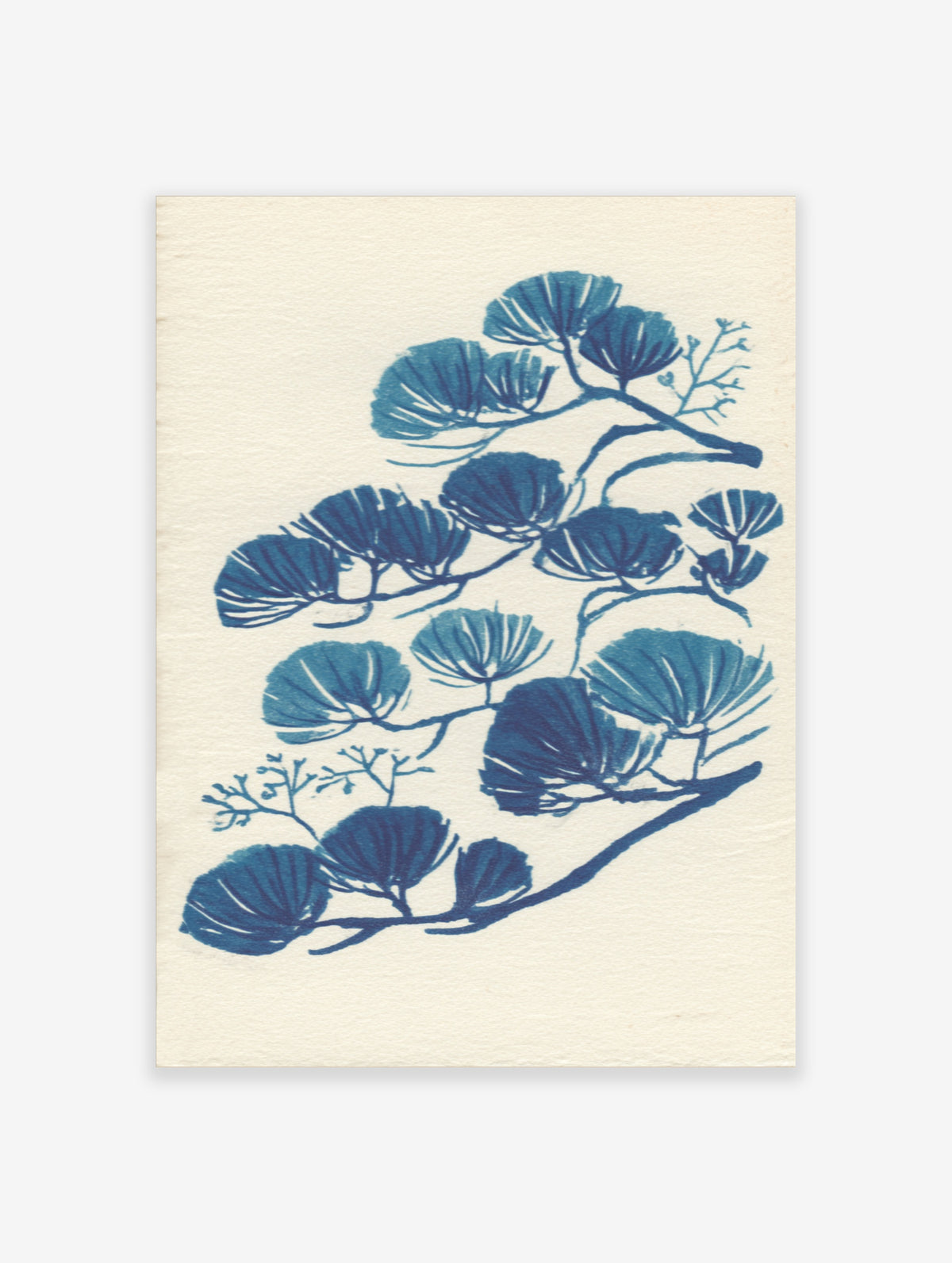 Blue ginkgo branch illustration with fan-shaped leaves on cream background, botanical wall art print