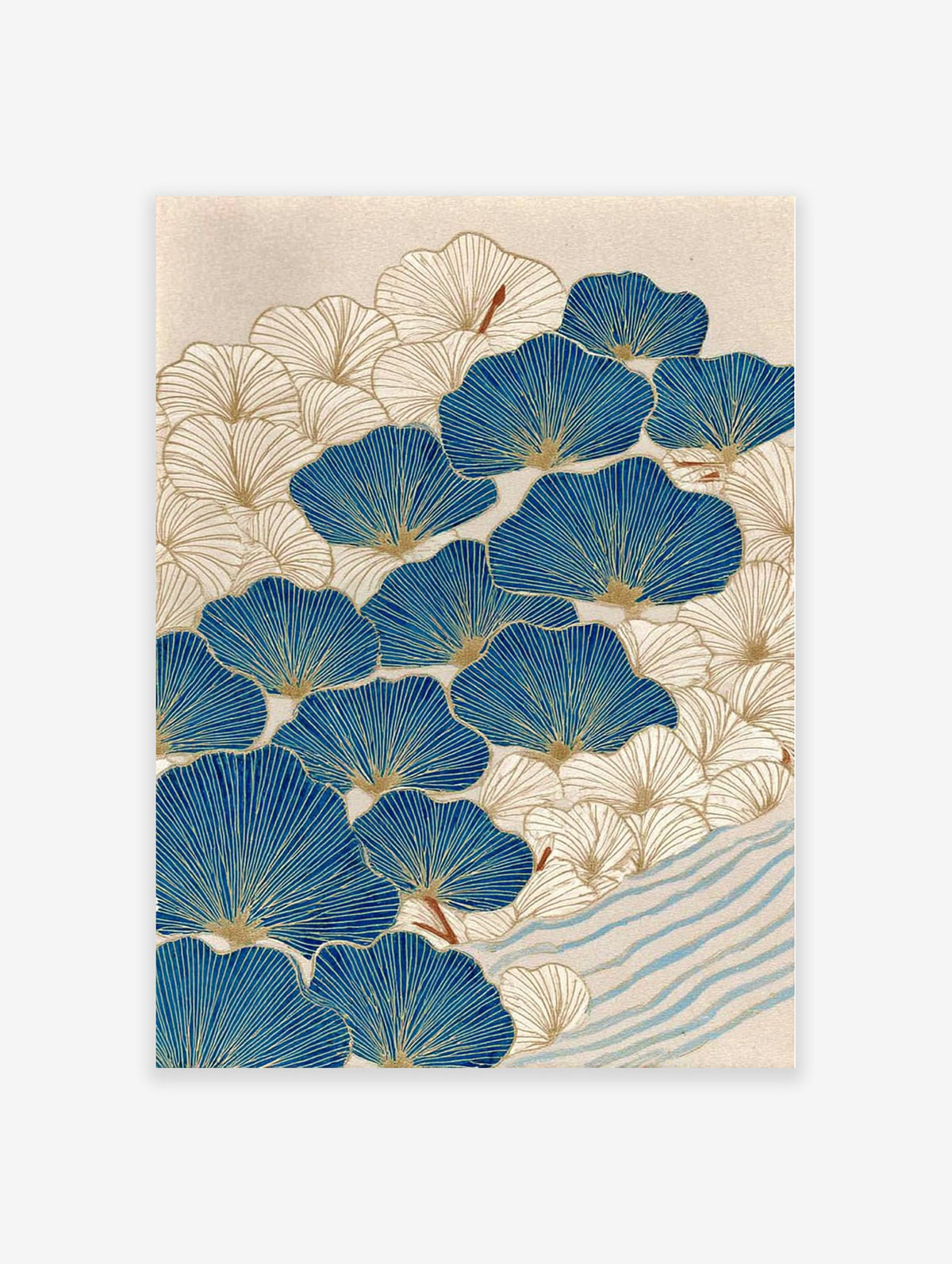 Blue and gold ginkgo leaf botanical wall art print with a Japanese-inspired pattern and wavy blue stripes.