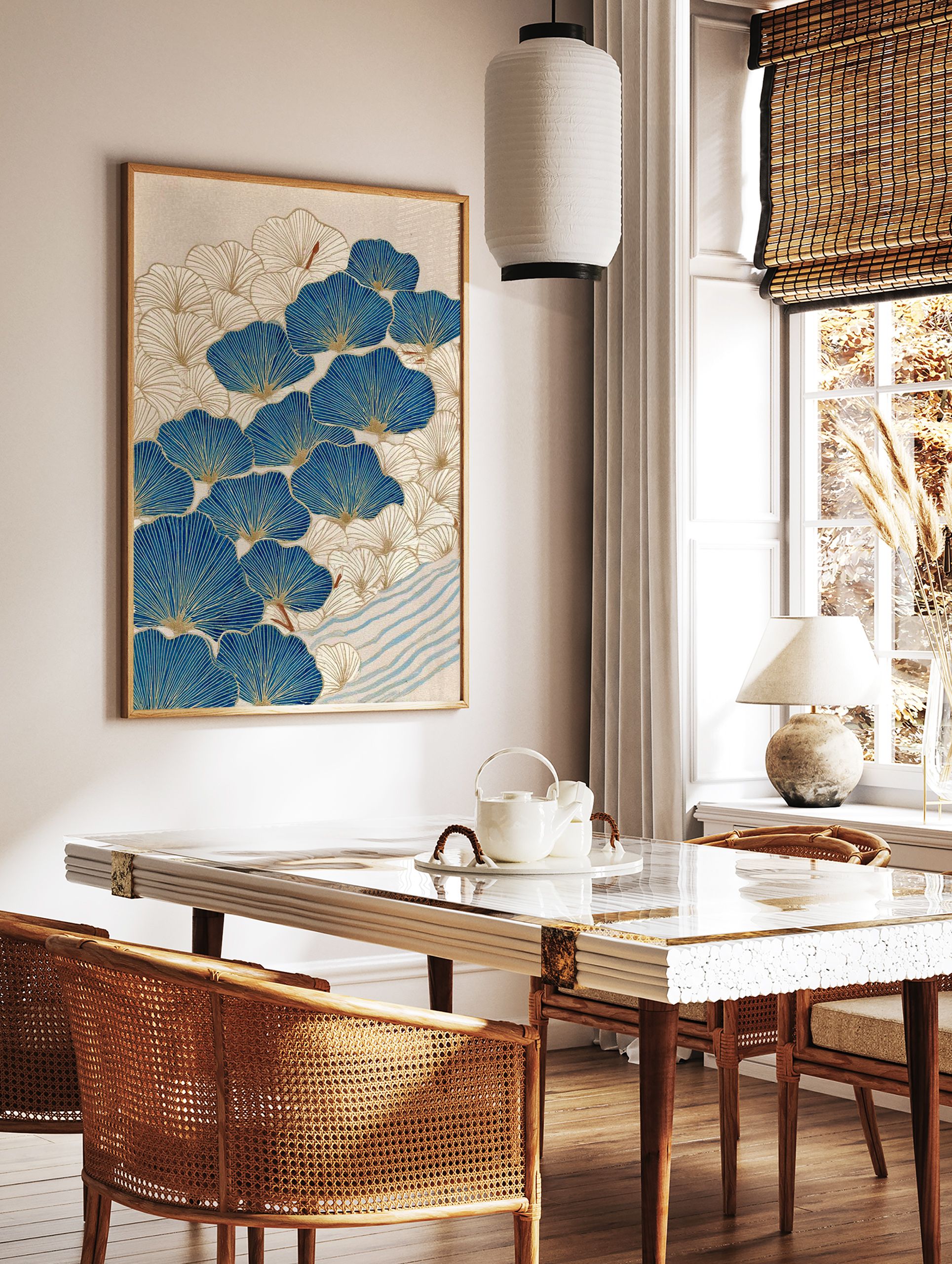 Blue and gold ginkgo leaf botanical wall art print with a Japanese-inspired pattern and wavy blue stripes. - Image 2