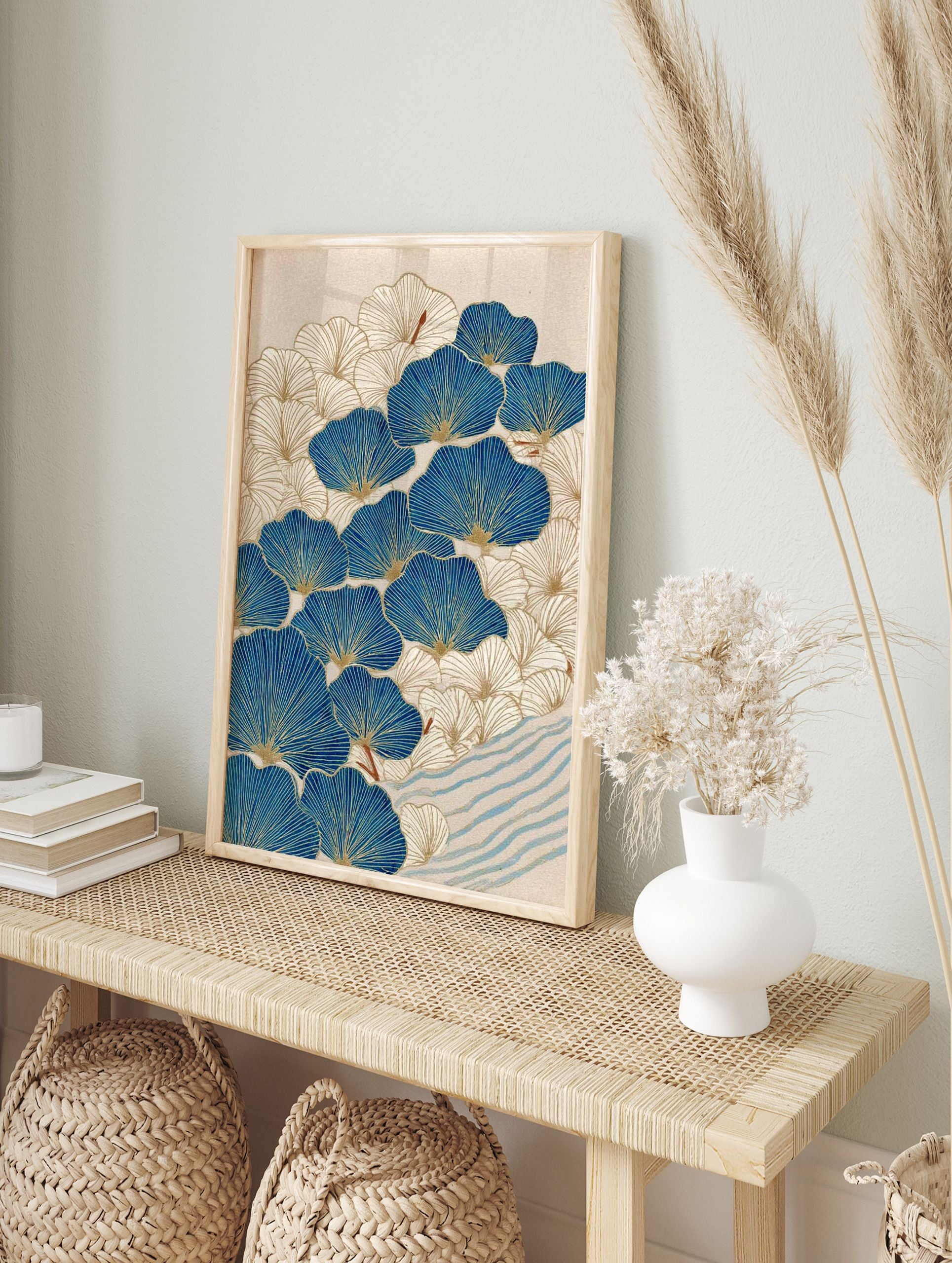 Blue and gold ginkgo leaf botanical wall art print with a Japanese-inspired pattern and wavy blue stripes. - Image 3