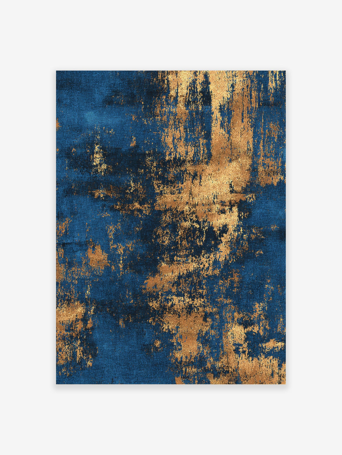 Abstract wall art print with deep blue background and distressed metallic gold textures
