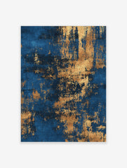 Abstract wall art print with deep blue background and distressed metallic gold textures