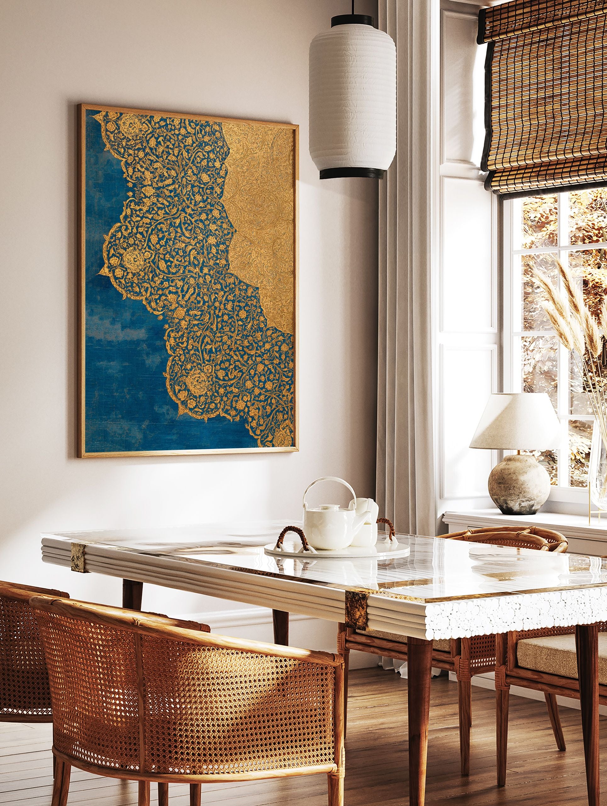 Blue Gold Floral Wall Art featuring intricate, ornate gold patterns of flowers and vines on a rich blue background, with overlapping gold sections. - Image 2