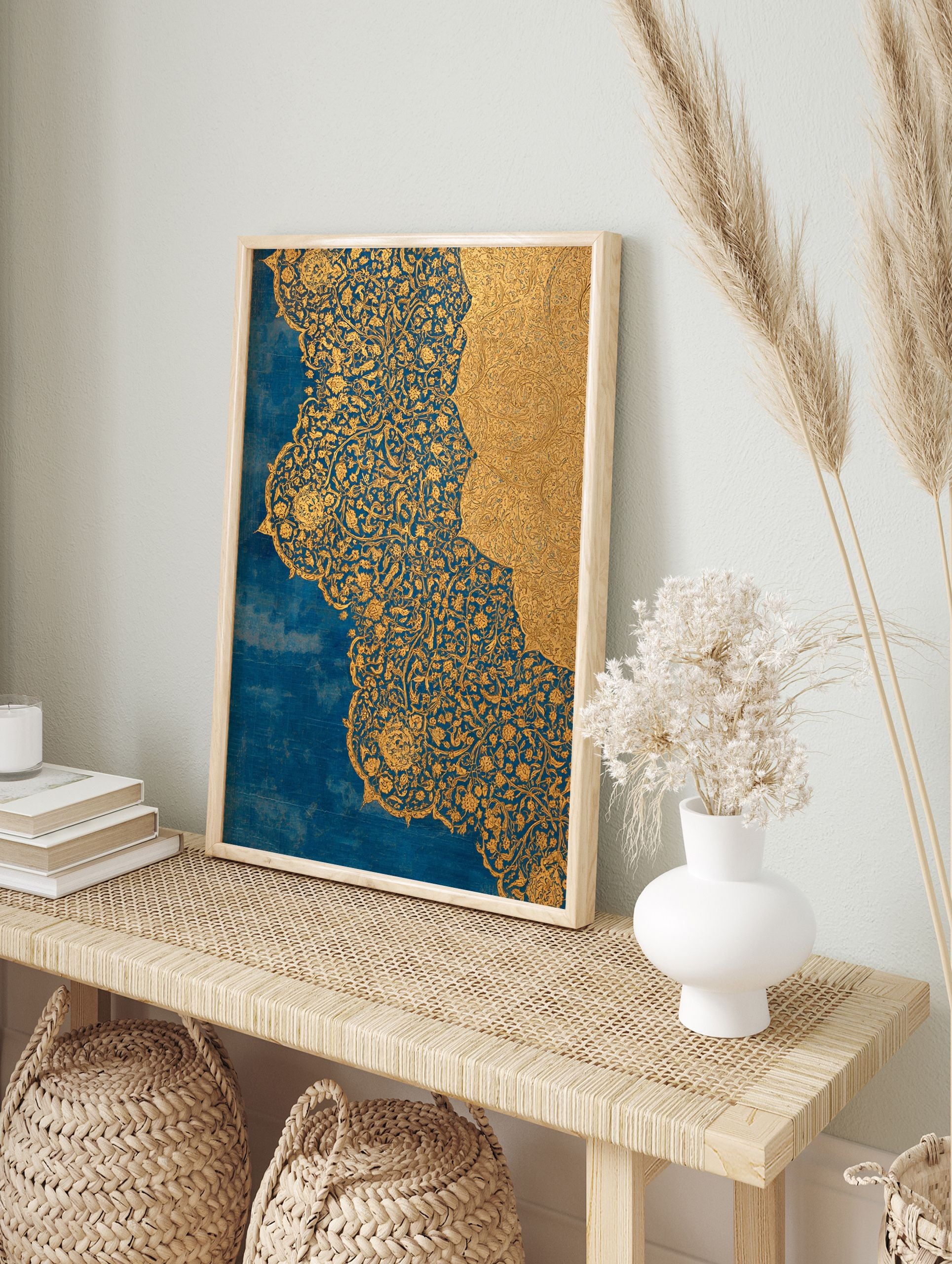 Blue Gold Floral Wall Art featuring intricate, ornate gold patterns of flowers and vines on a rich blue background, with overlapping gold sections. - Image 3