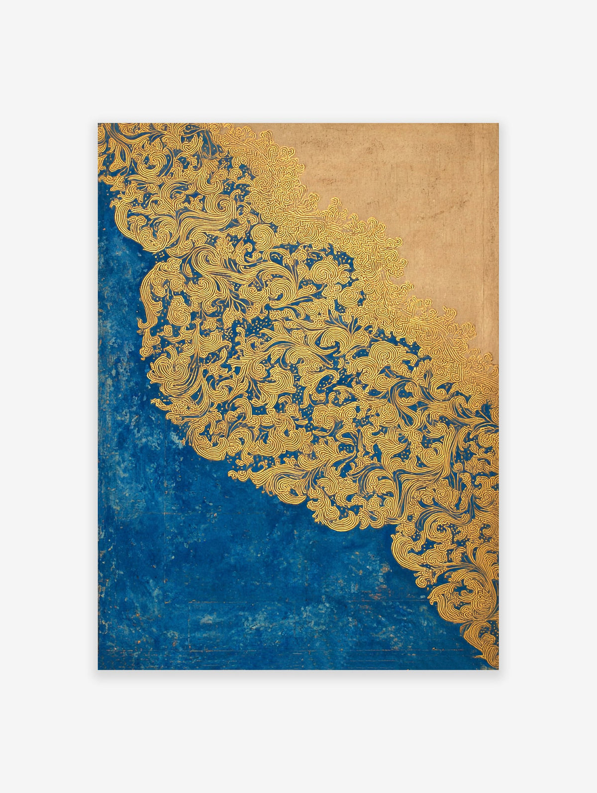 An ornate blue gold wall art print featuring intricate swirling patterns against a deep blue and beige background.
