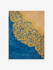 An ornate blue gold wall art print featuring intricate swirling patterns against a deep blue and beige background.