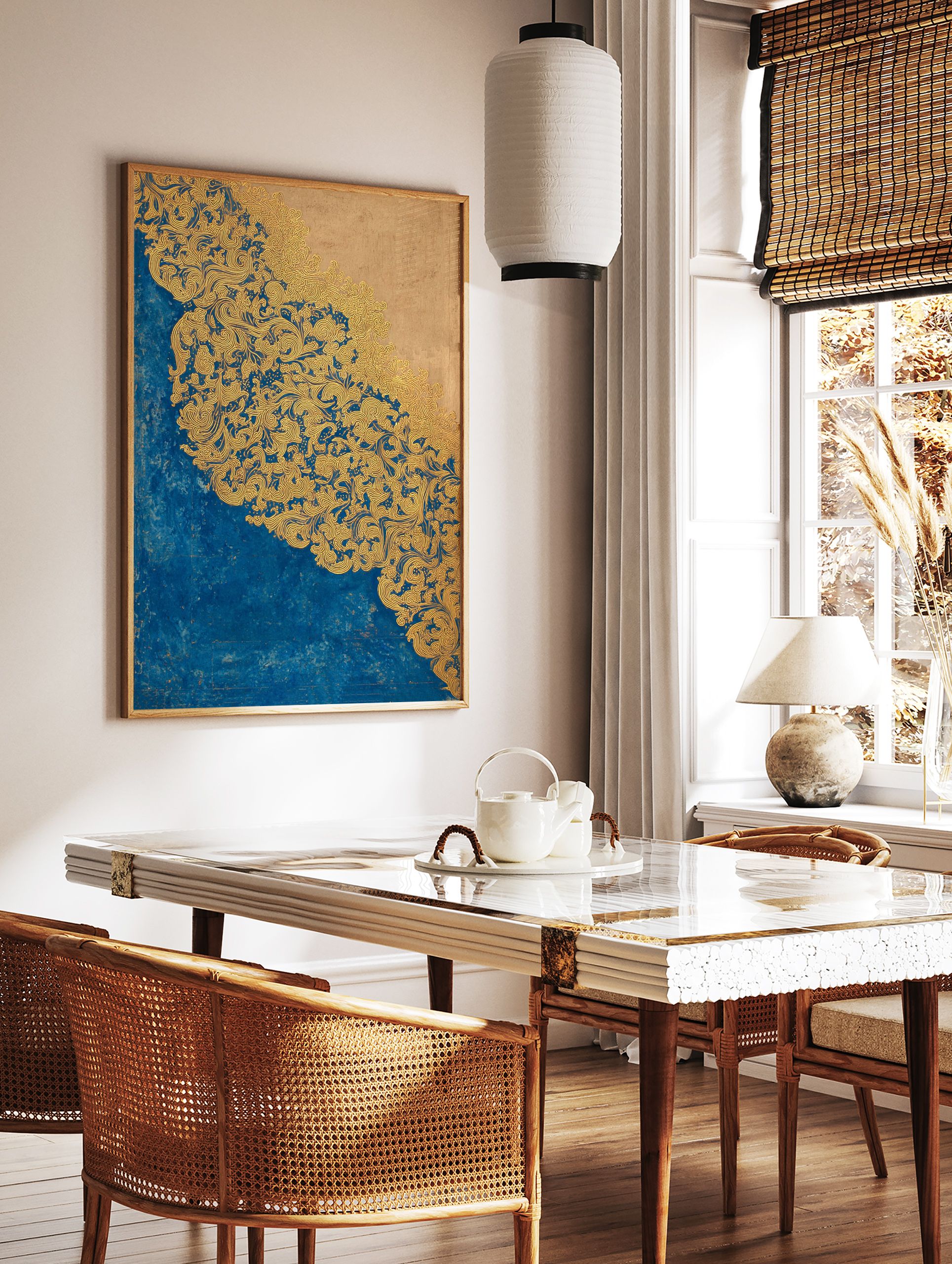 An ornate blue gold wall art print featuring intricate swirling patterns against a deep blue and beige background. - Image 2