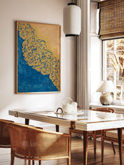 An ornate blue gold wall art print featuring intricate swirling patterns against a deep blue and beige background. - Image 2
