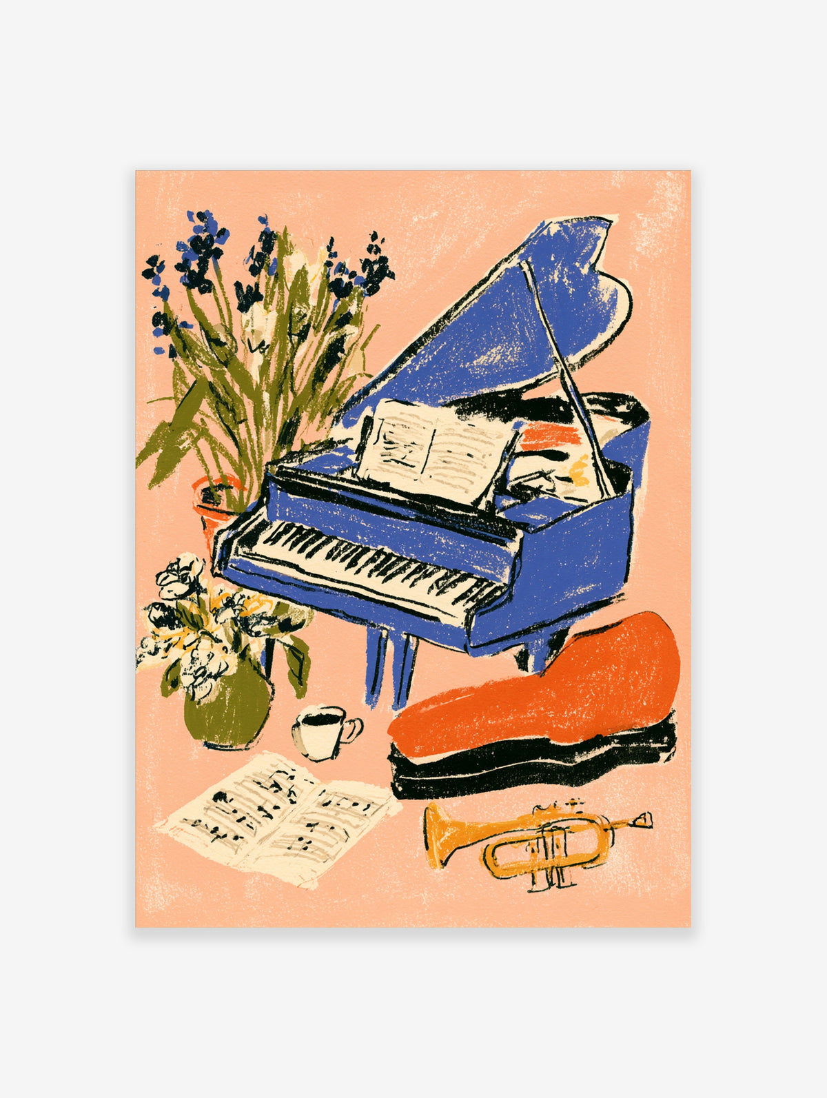 Blue grand piano poster with trumpet, orange case, flowers and sheet music on peach background