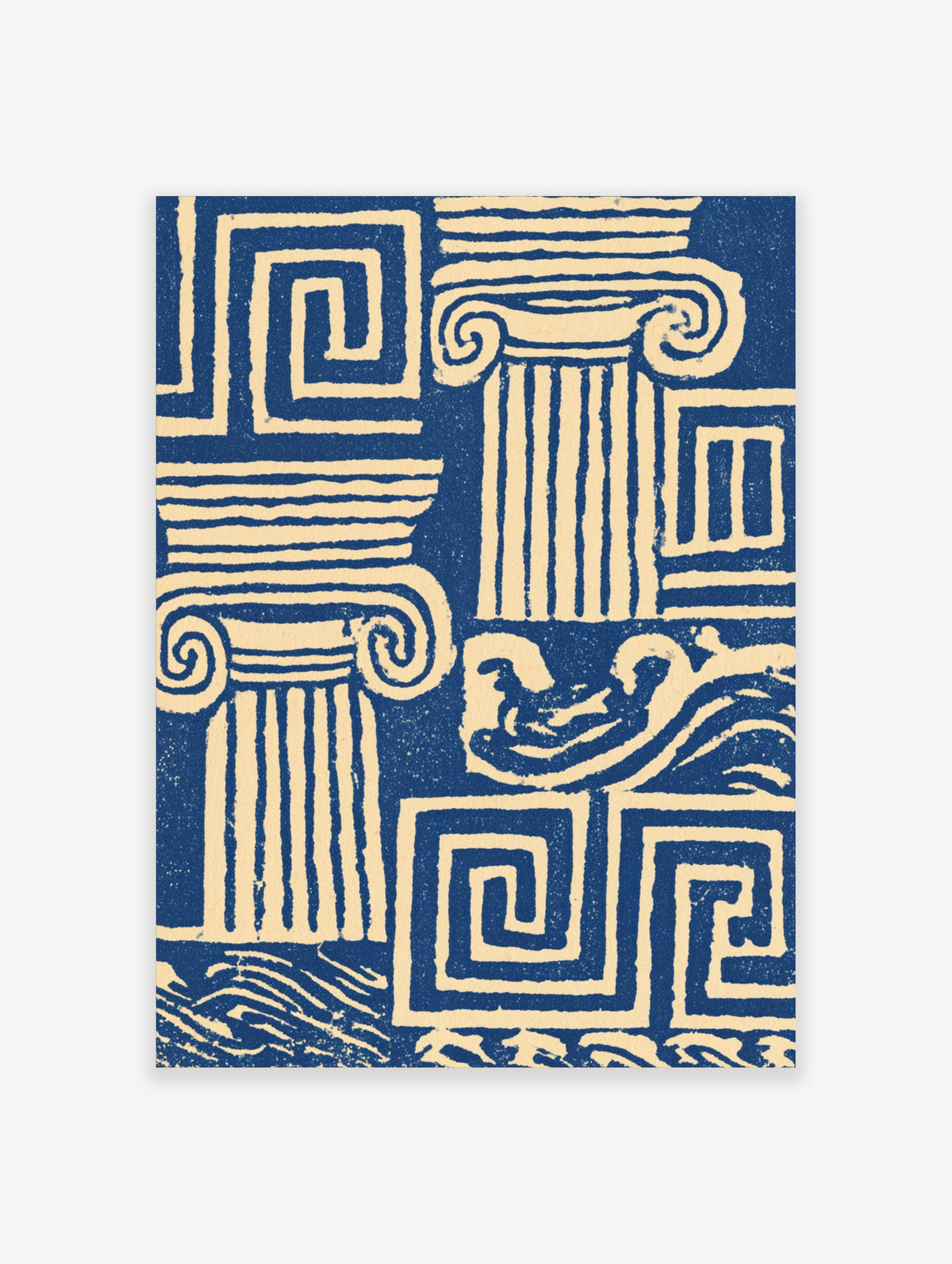 Blue and cream Greek key poster with Ionic column capitals, fluted shafts, and wave motifs