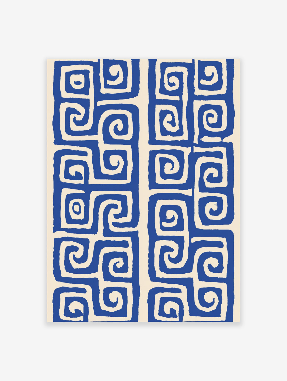 Blue Greek key pattern poster with white spiral motifs on cream background