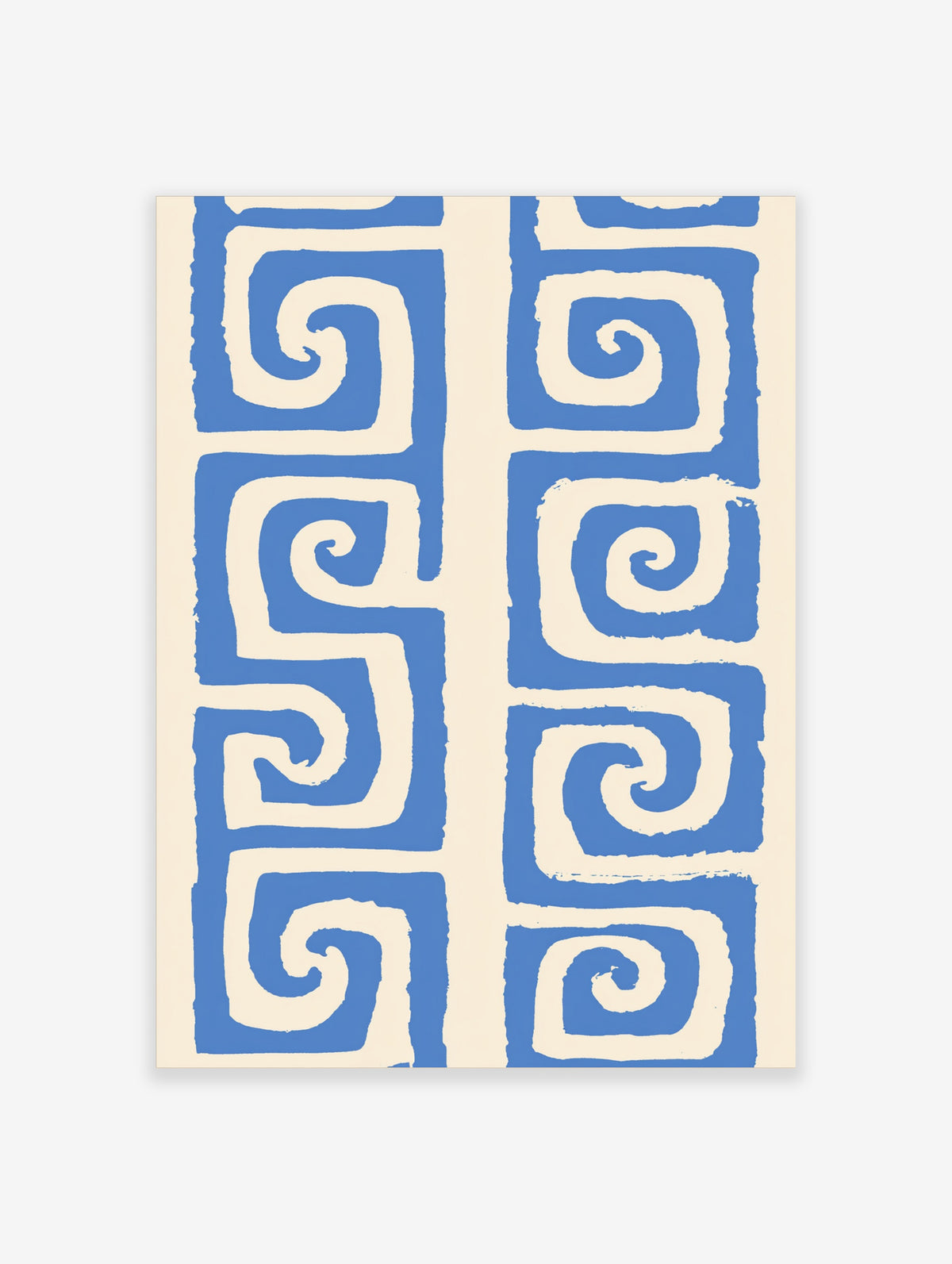 Blue Greek key spiral pattern art print on cream background
