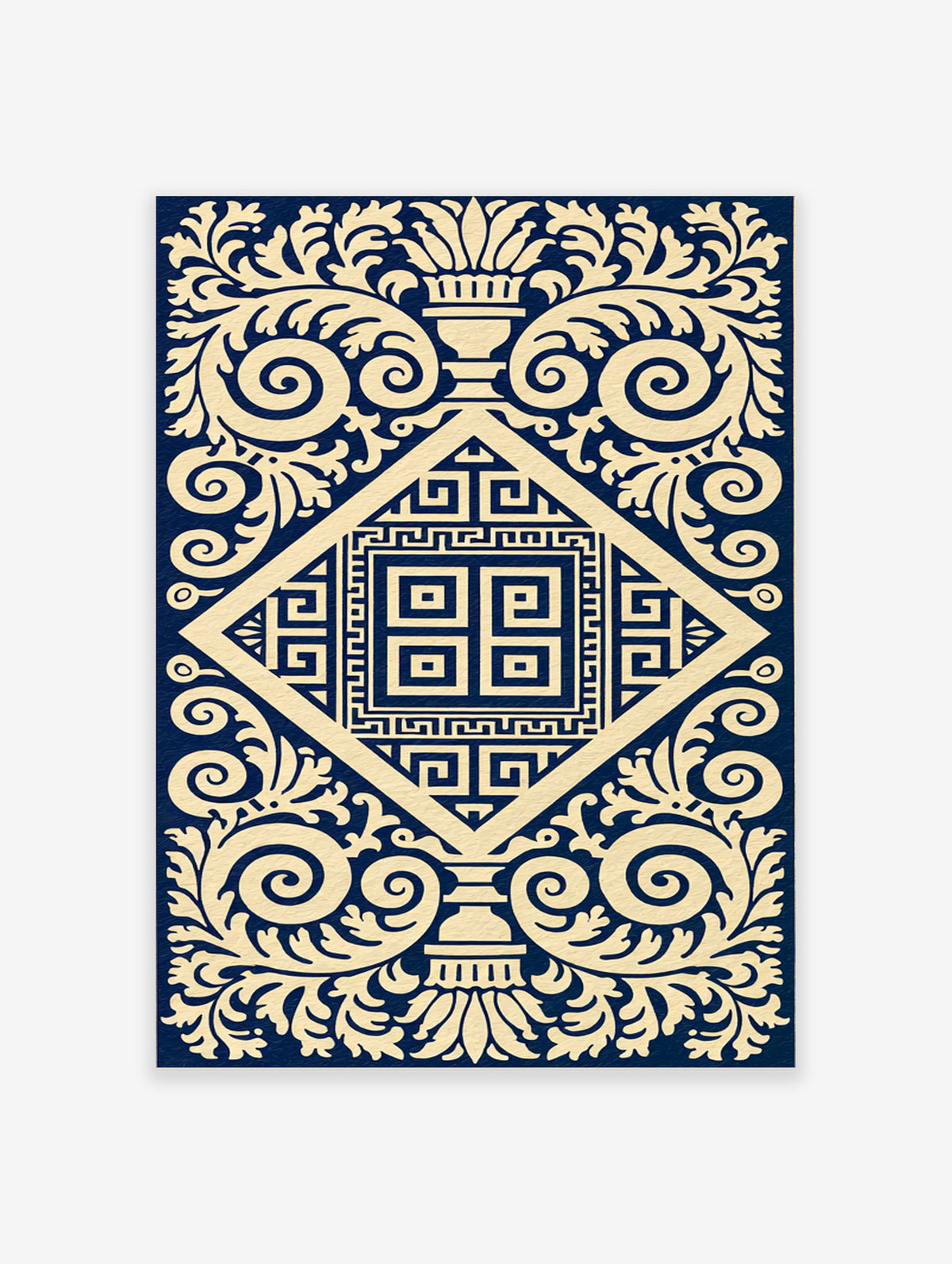 Blue and cream Greek key pattern wall art with ornate scrollwork and geometric meander design