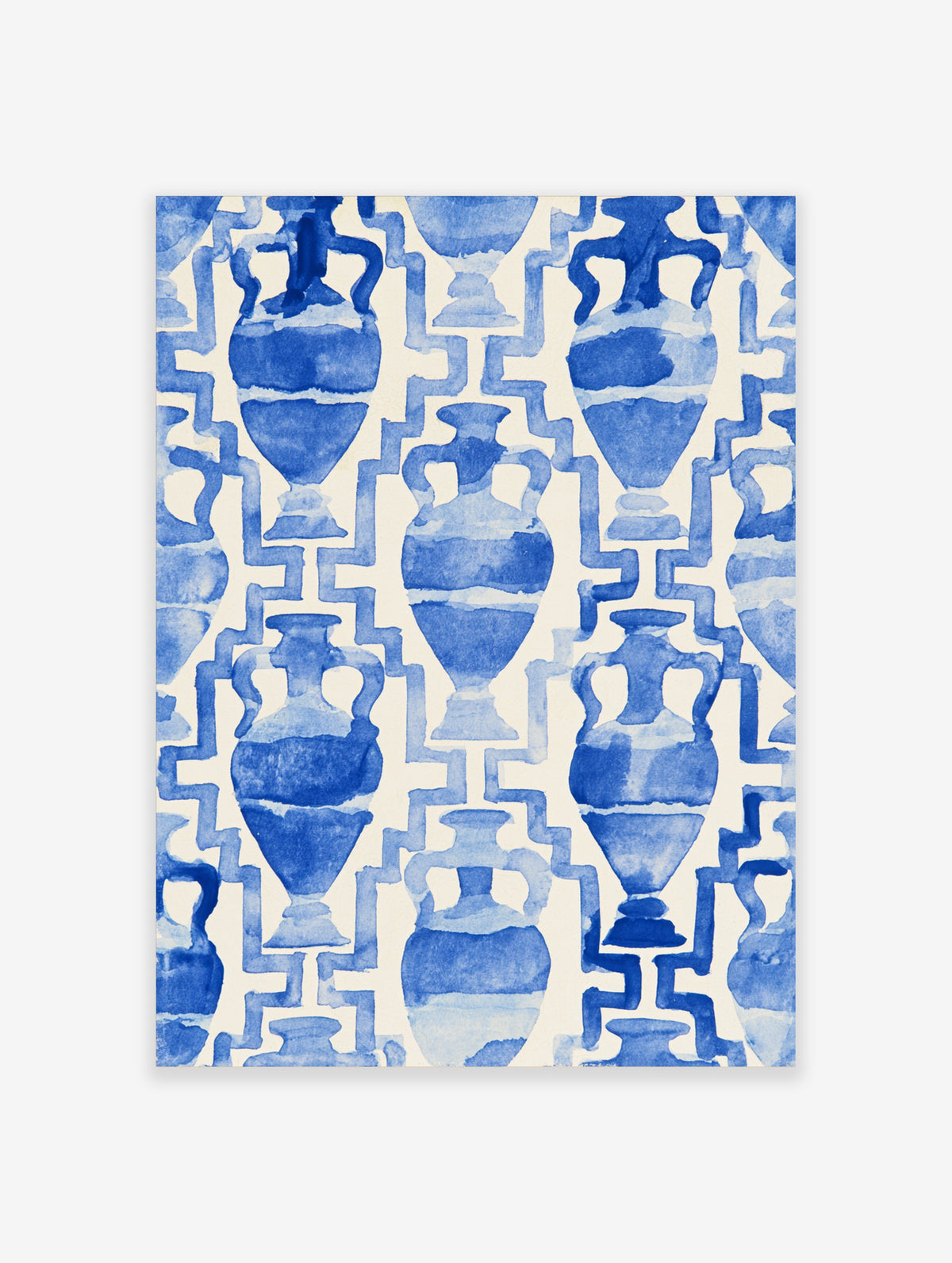 Blue watercolour Greek urns and meander pattern on cream paper art print