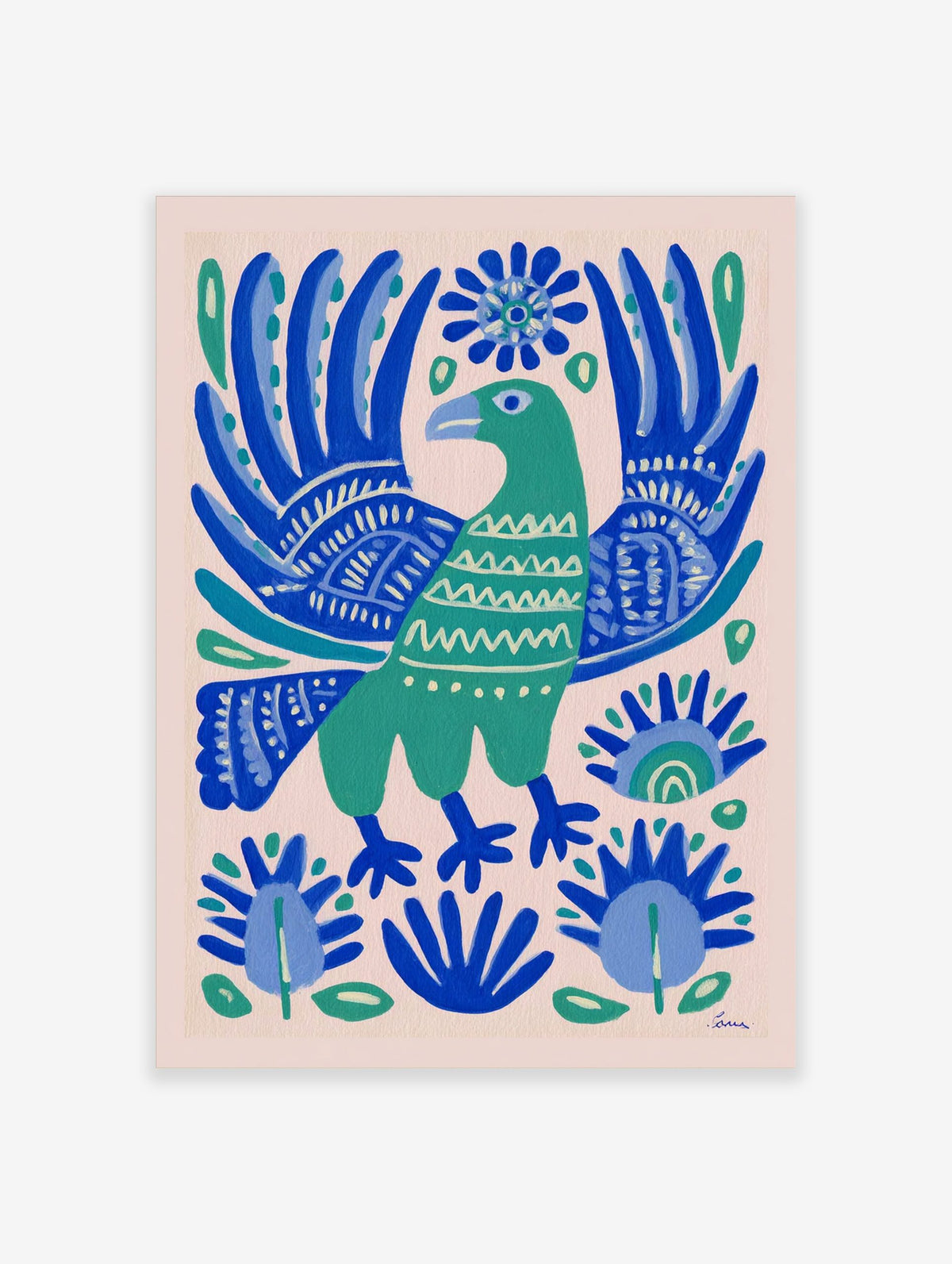 Green folk art bird with ornate blue wings and botanical patterns on a light background, illustrative print