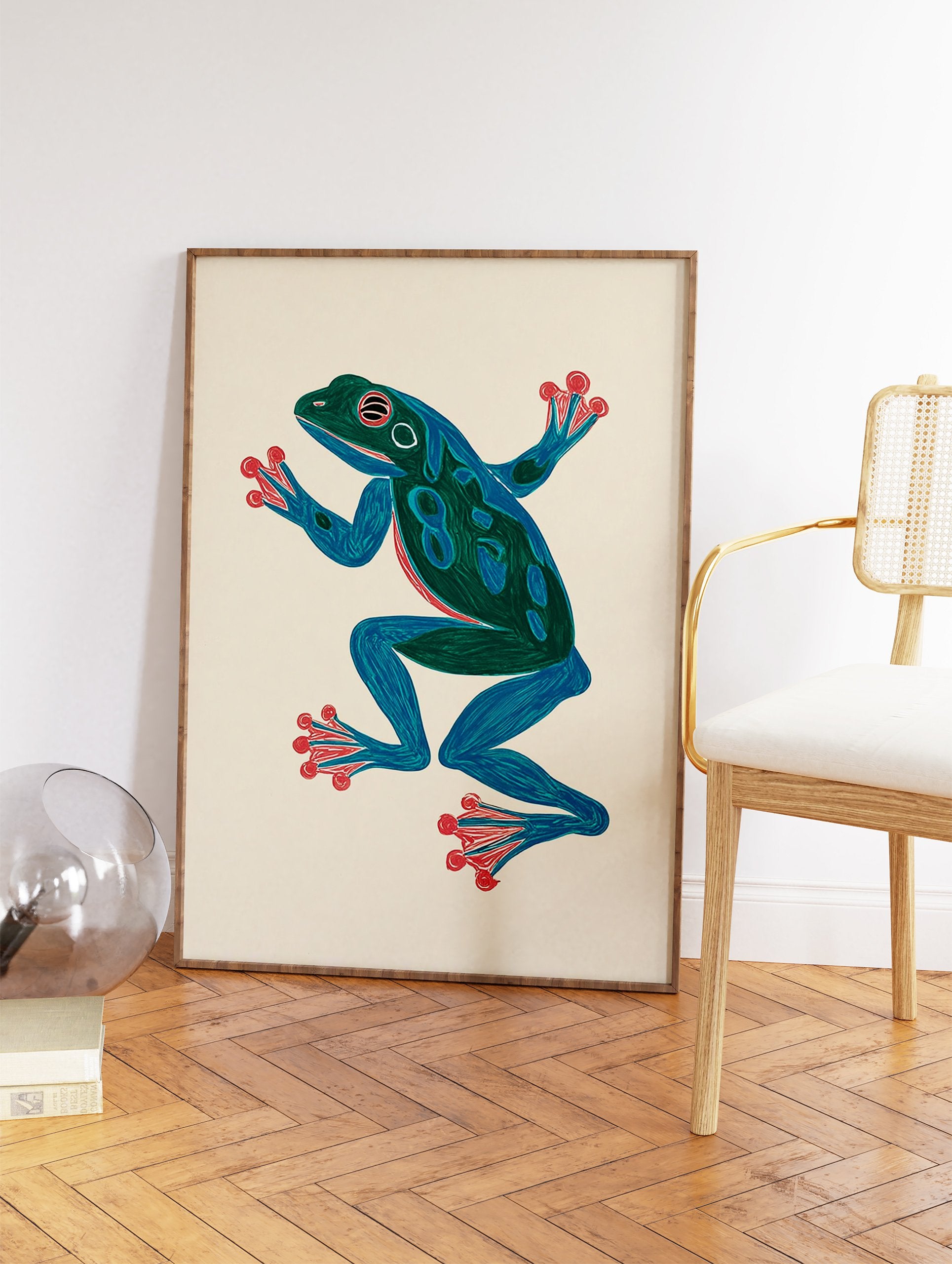Vibrant blue and green frog art print with red accents on a light background, in an illustrative style. - Image 2