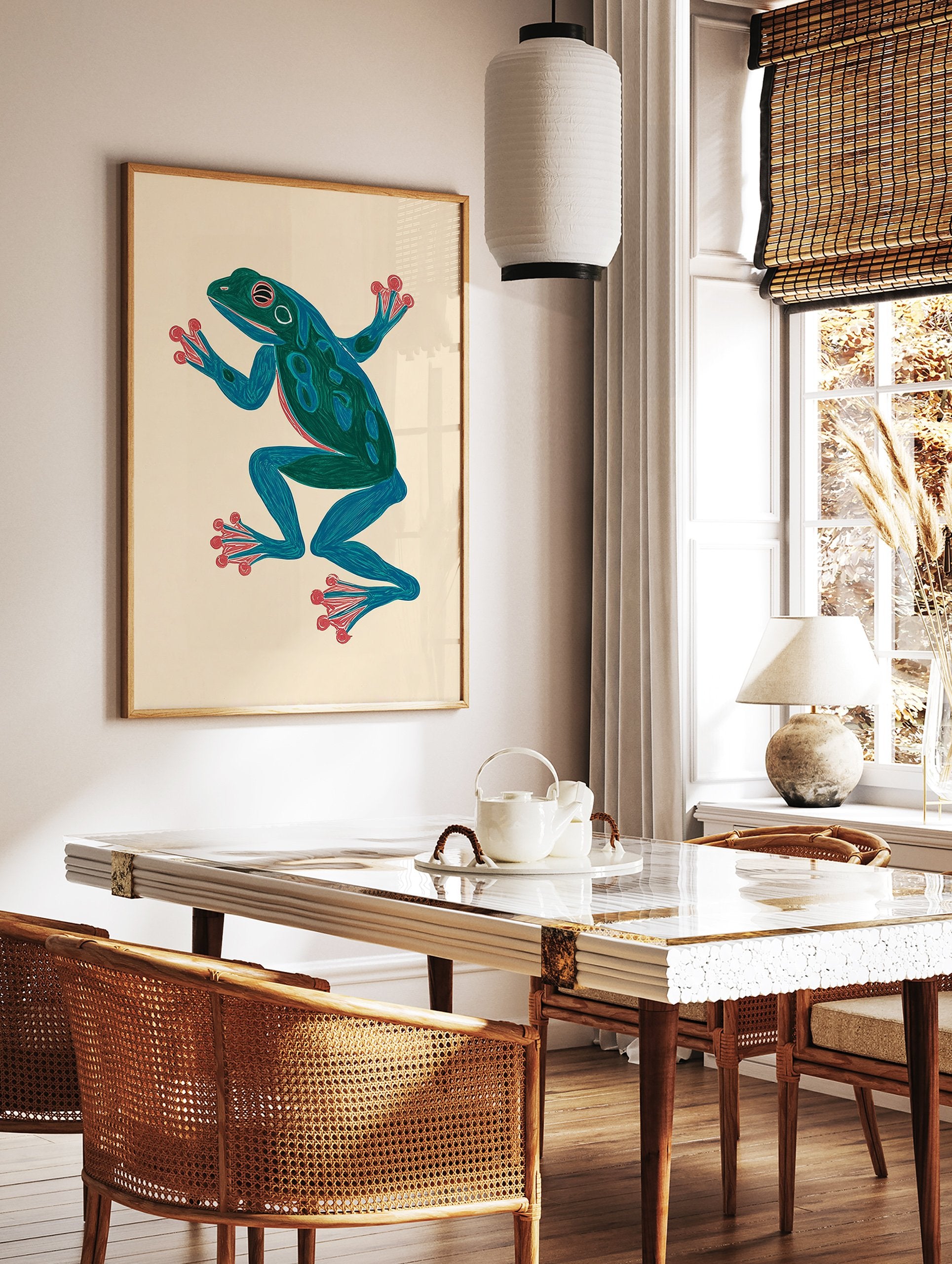 Vibrant blue and green frog art print with red accents on a light background, in an illustrative style. - Image 3