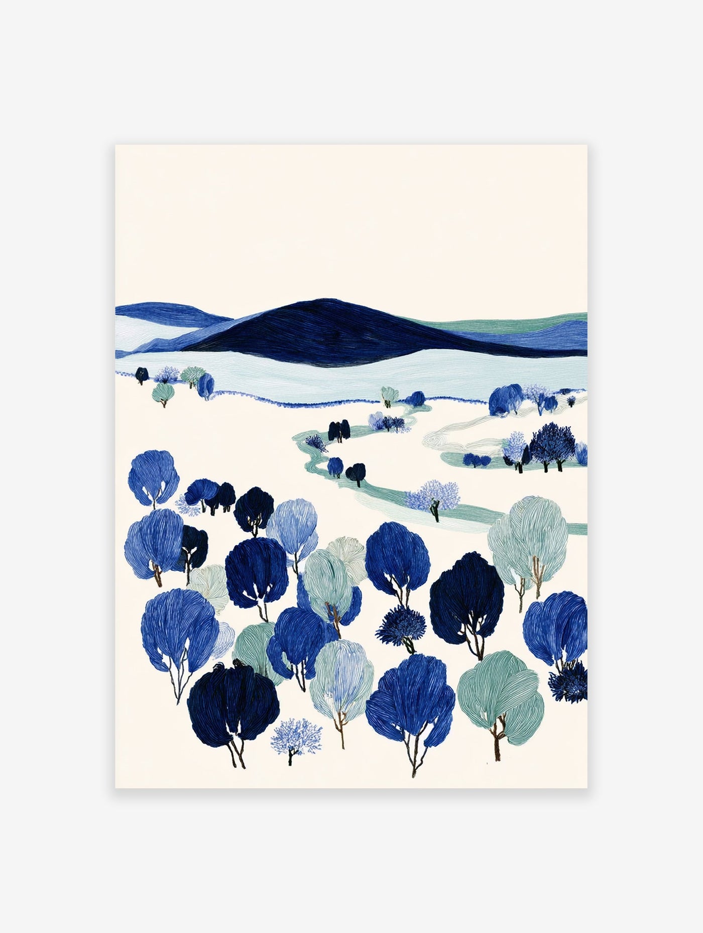 Blue and green illustrative landscape wall art featuring stylized trees, rolling hills, and a winding path on a light background.
