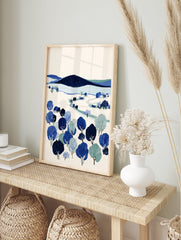 Blue and green illustrative landscape wall art featuring stylized trees, rolling hills, and a winding path on a light background. - Image 3