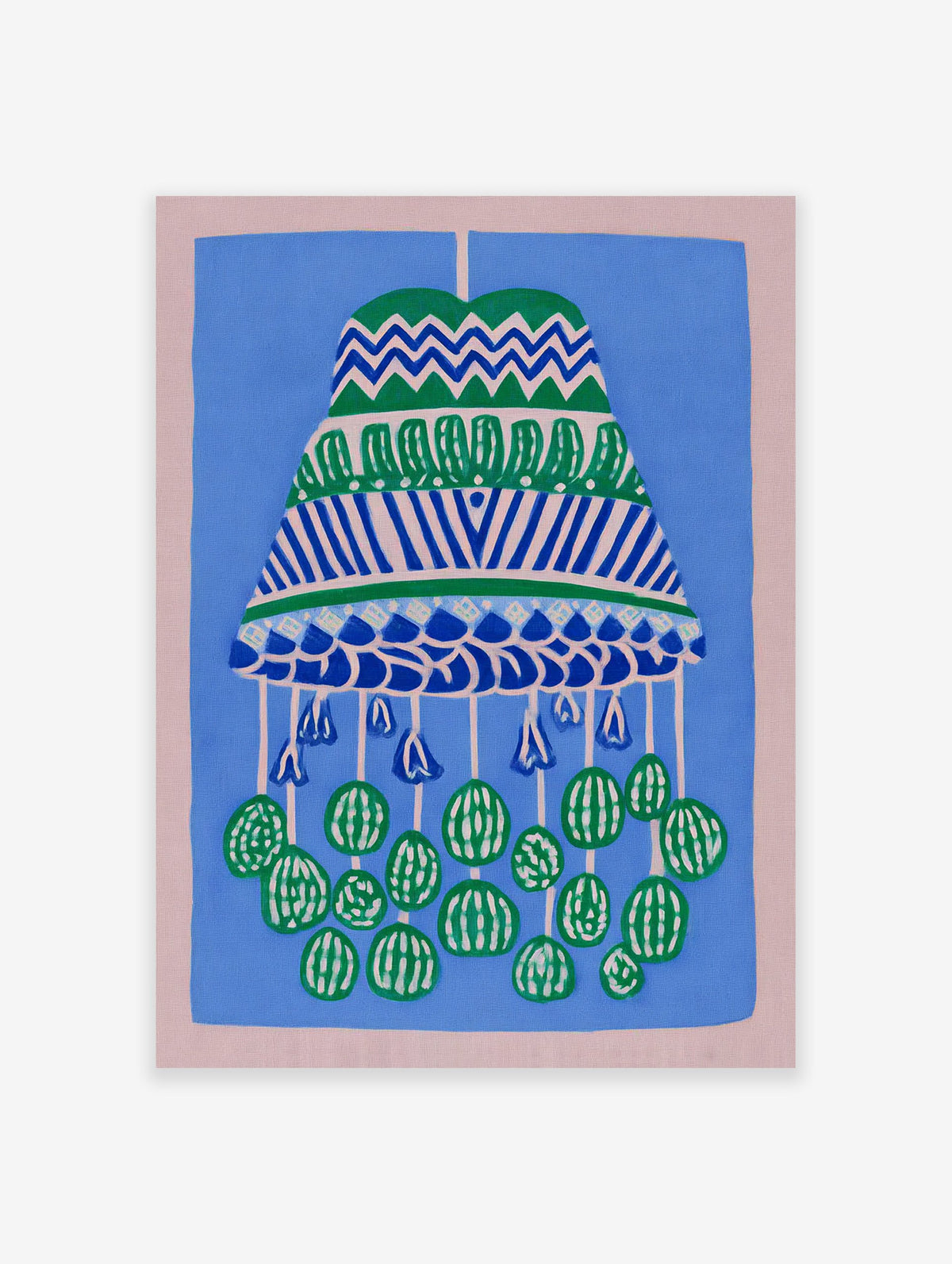 Illustrative blue and green pattern wall art print featuring a decorative hanging mobile design on a blue background with a pink border.