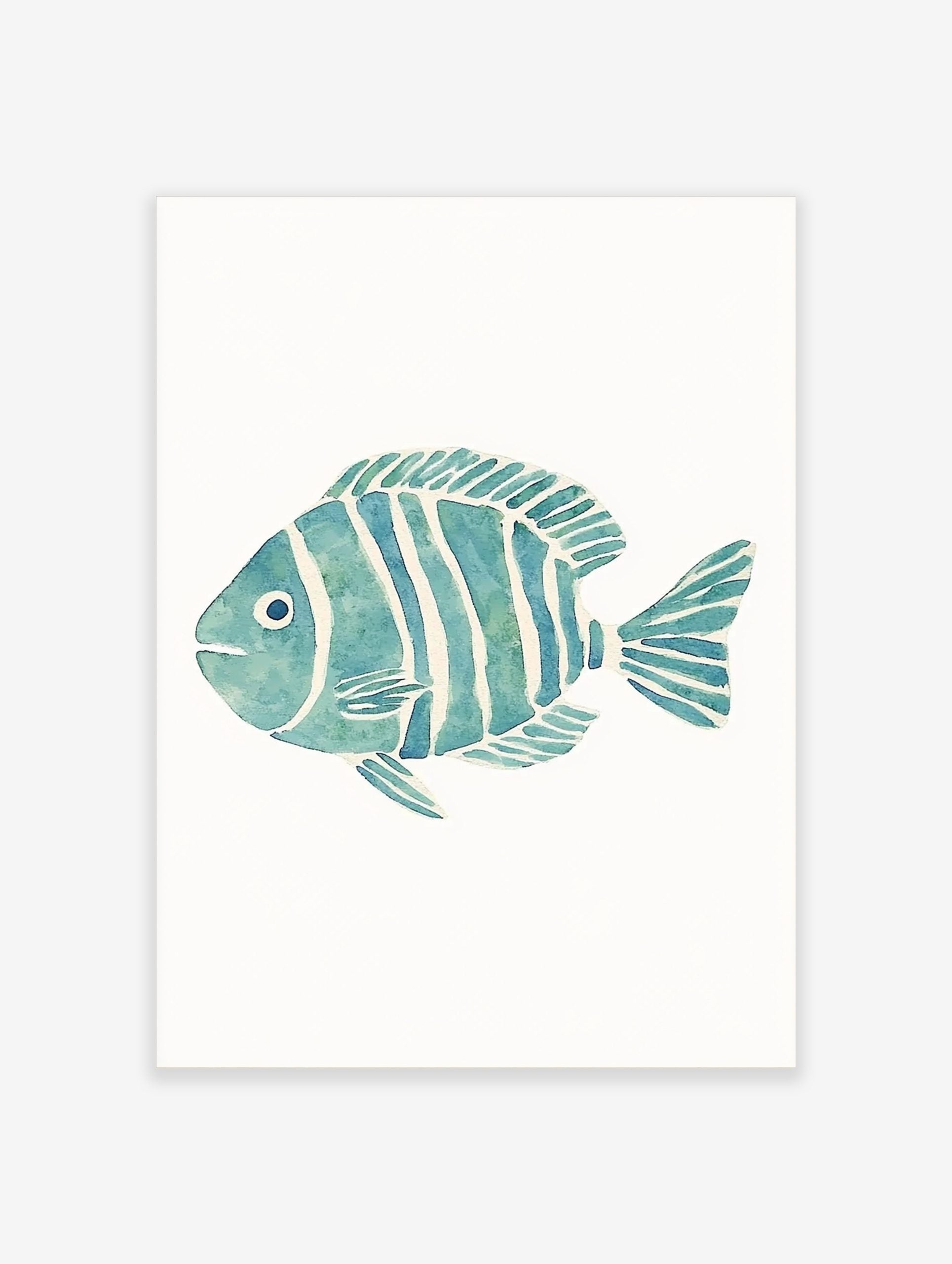 Blue and green striped fish watercolour illustration art print on a white background, facing left