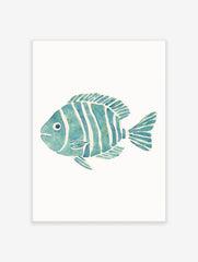 Blue and green striped fish watercolour illustration art print on a white background, facing left