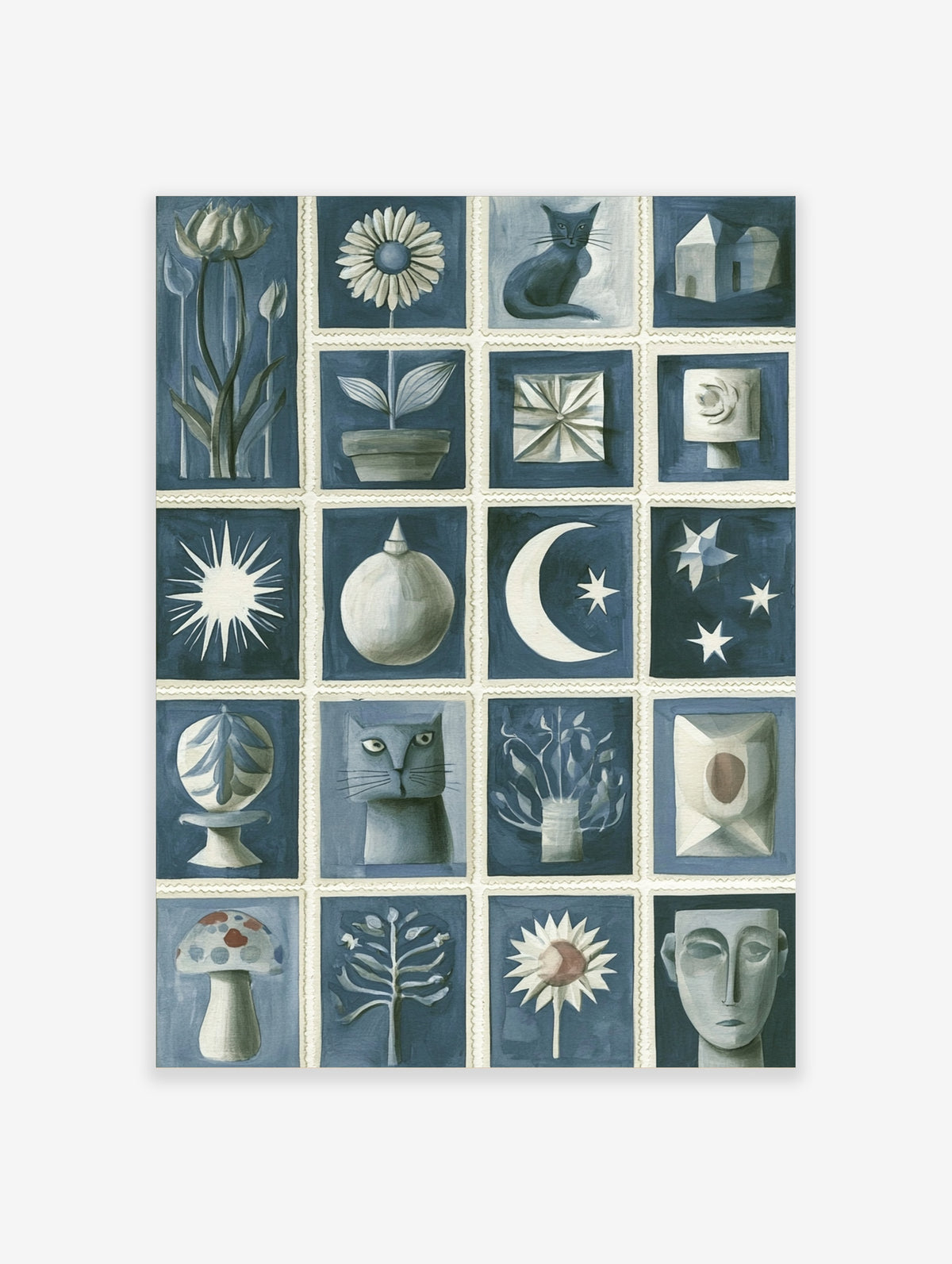 Blue and white illustrative grid art print featuring cats, flowers, moon, stars, and abstract shapes