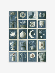 Blue and white illustrative grid art print featuring cats, flowers, moon, stars, and abstract shapes