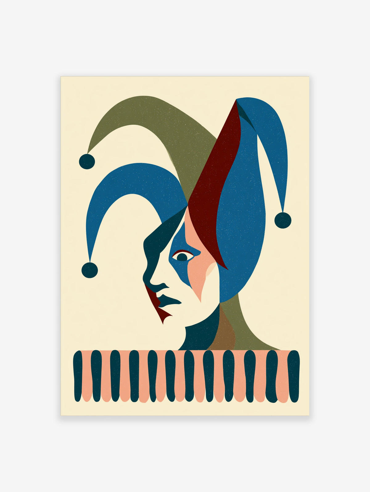 Blue harlequin jester portrait print with cubist face and pointed cap