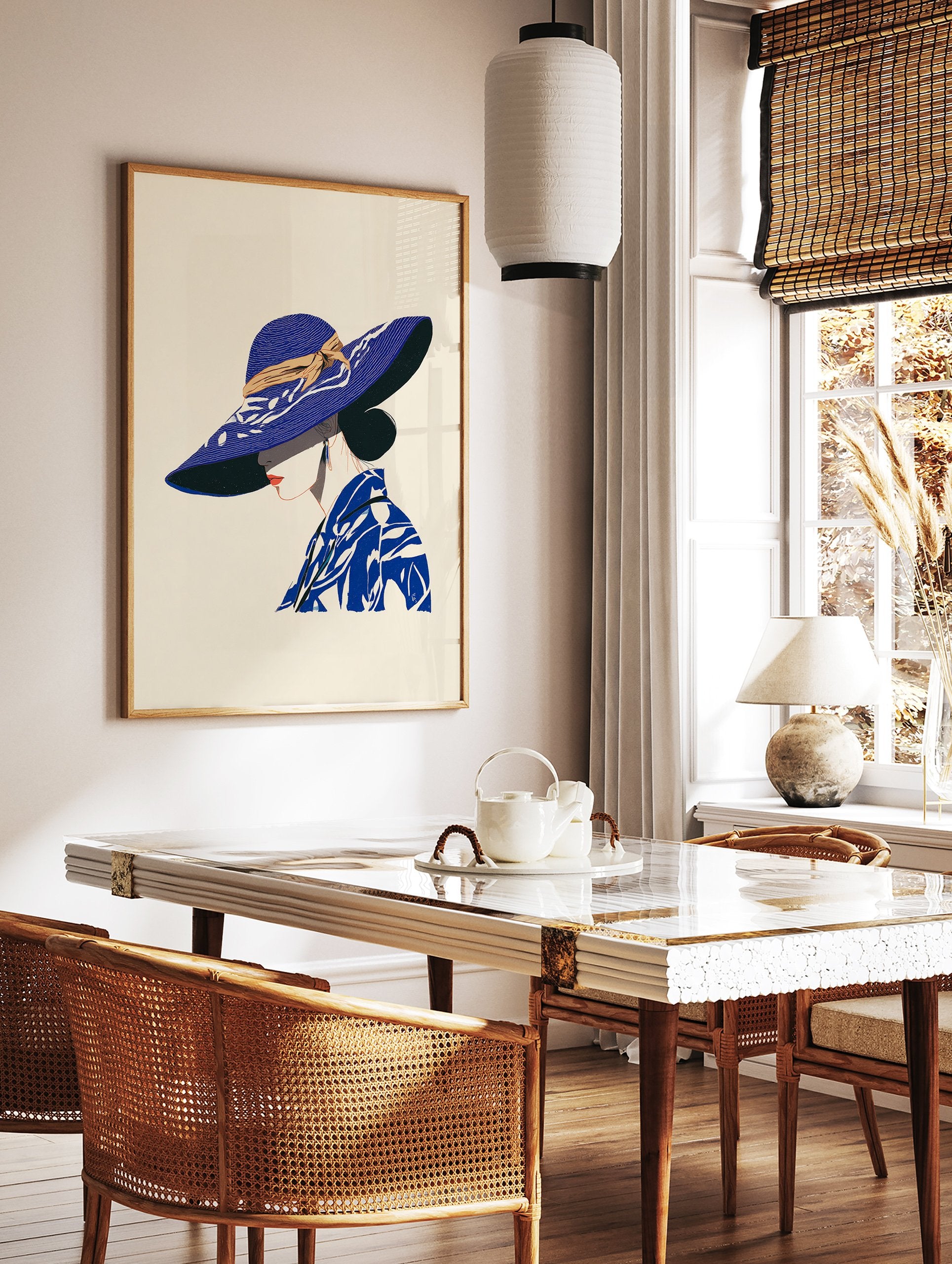 Illustrated Blue Hat Woman Wall Art print, profile view, wearing a wide-brimmed blue hat with tan ribbon and patterned blue top - Image 2