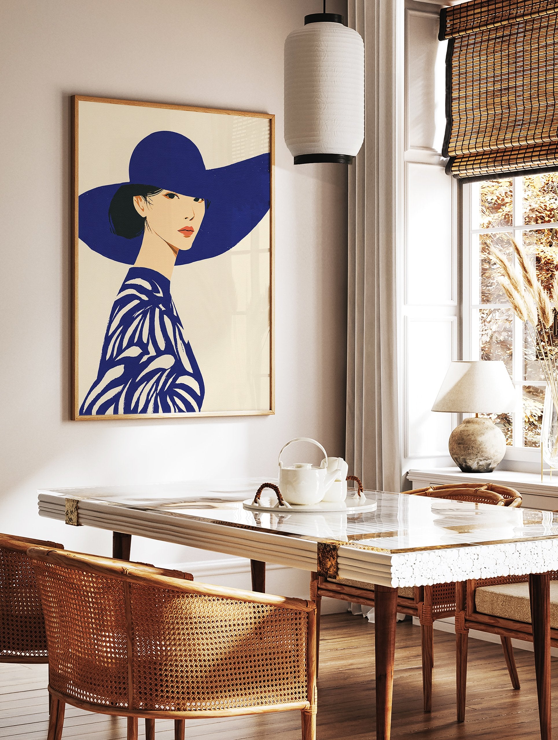 Illustrative art print of a woman in a wide-brimmed blue hat and patterned blue top against a cream background. Blue Hat Woman Wall Art. - Image 2