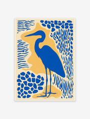 Blue heron bird silhouette art print with abstract blue and yellow shapes on a cream background, portrait orientation