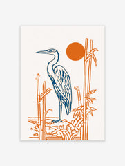 Illustrative blue heron standing by orange bamboo stalks with a vibrant orange sun on a white background