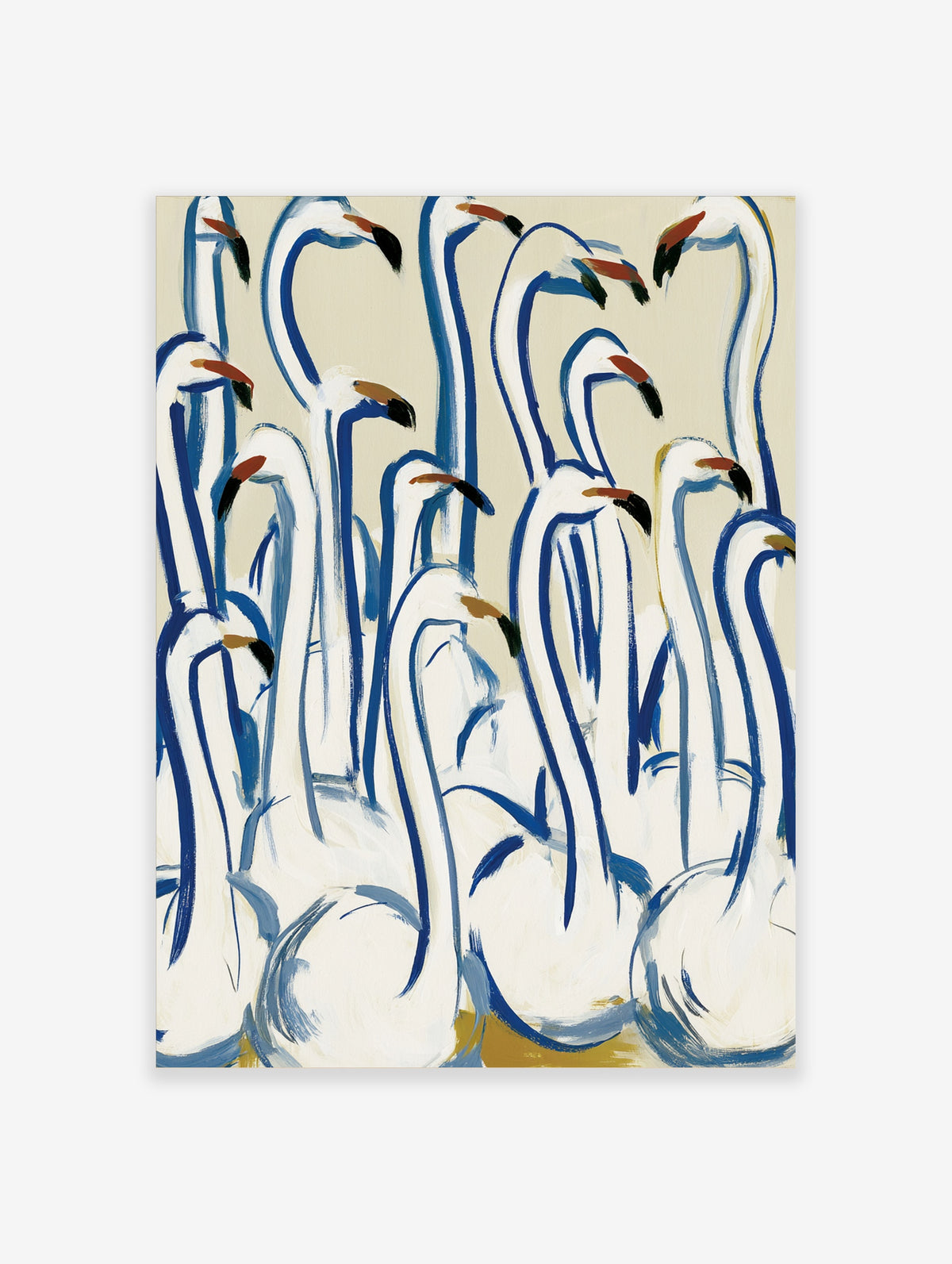 White herons with blue outlines and orange beaks on beige background, bird wall art print