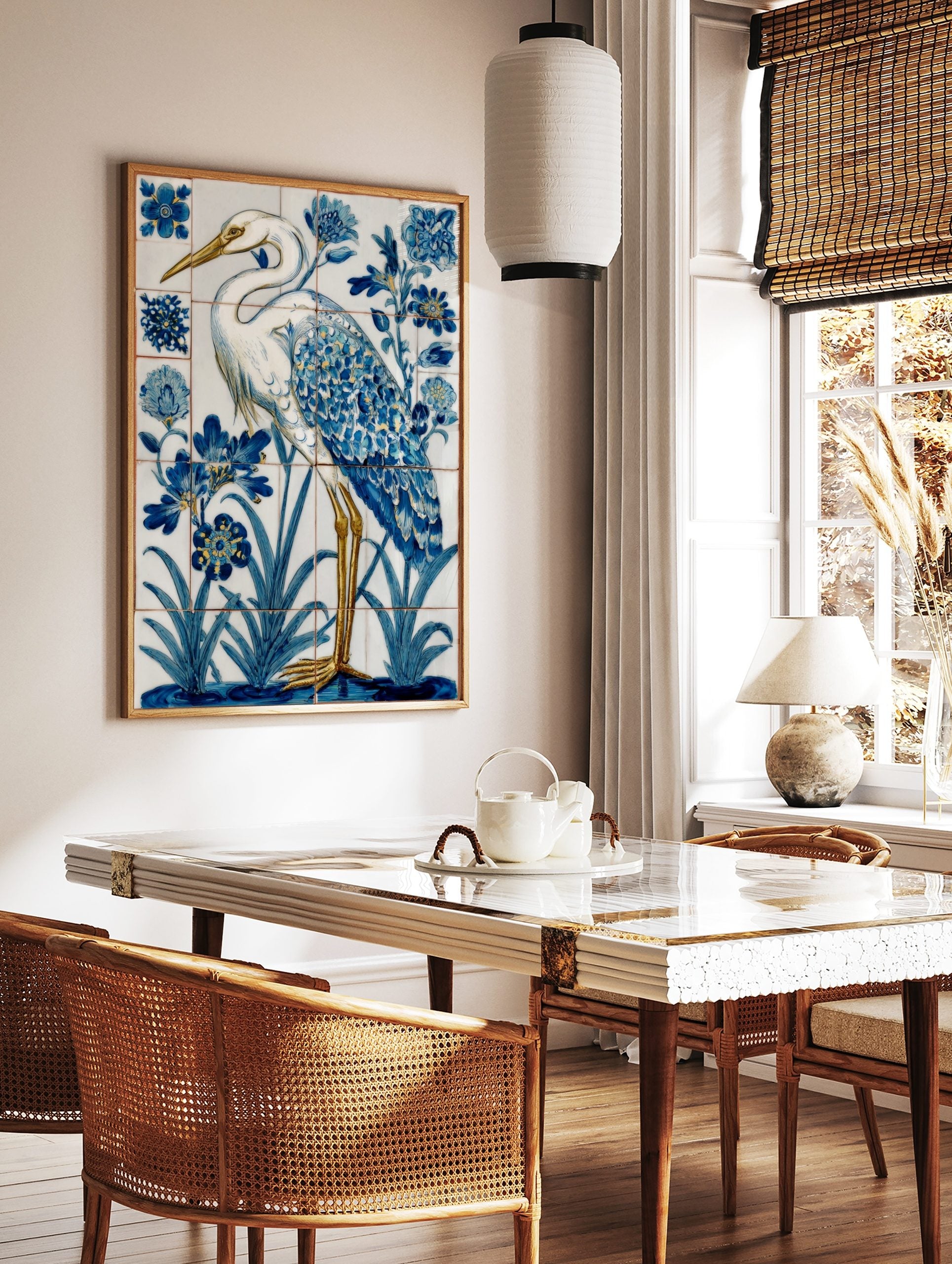 White heron with blue and gold feathers standing in water with blue flowers, in a tile-style art, in a styled room mockup