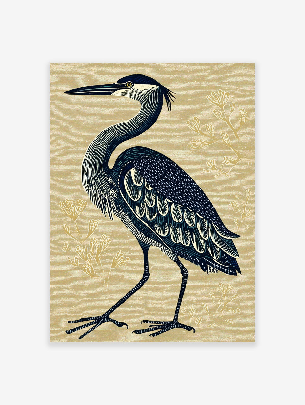Illustrative blue heron standing on a textured beige background with subtle gold botanical elements