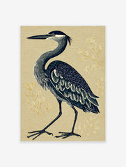 Illustrative blue heron standing on a textured beige background with subtle gold botanical elements