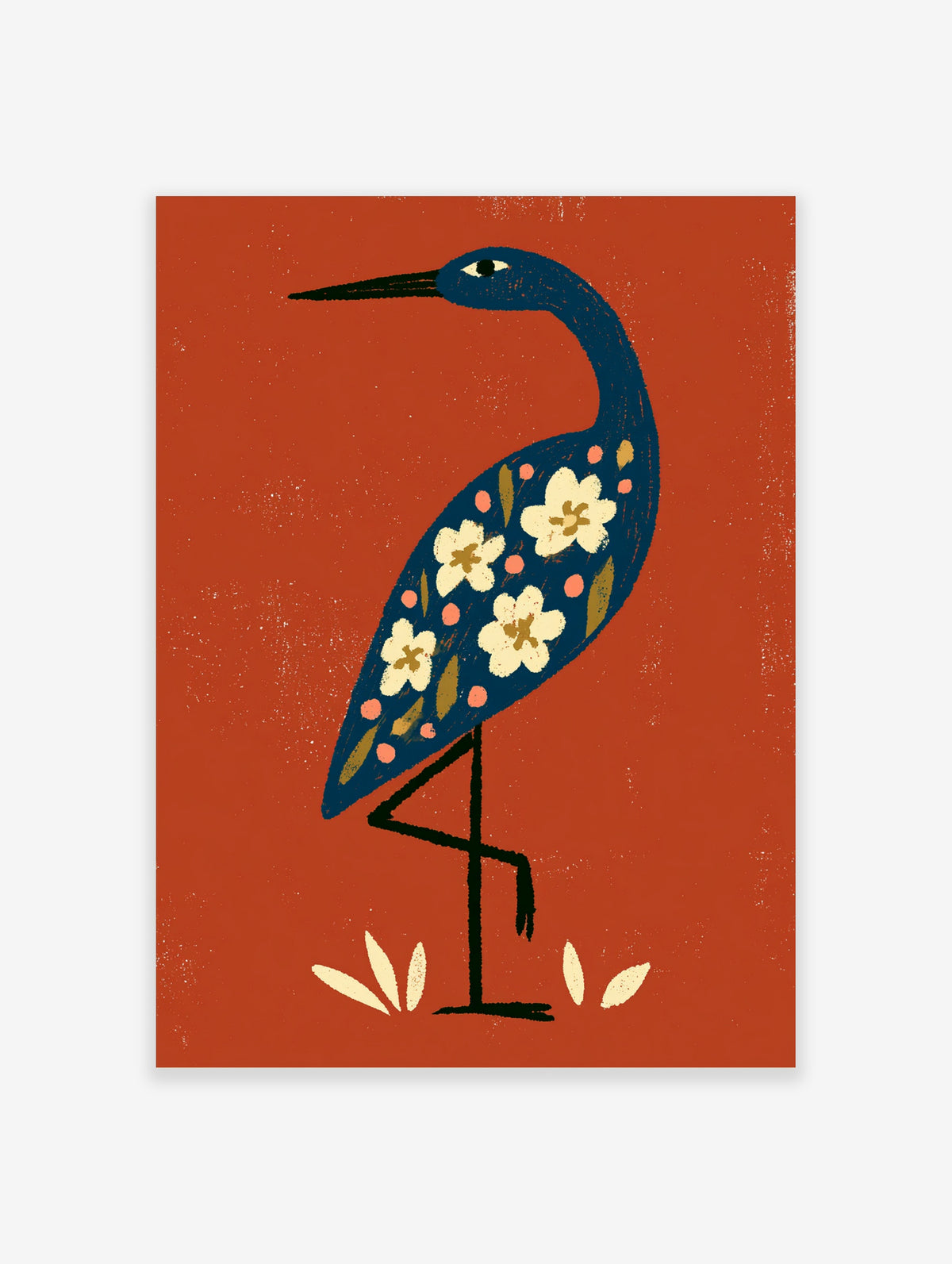 Blue heron art print with cream flowers and pink dots on rust-red background