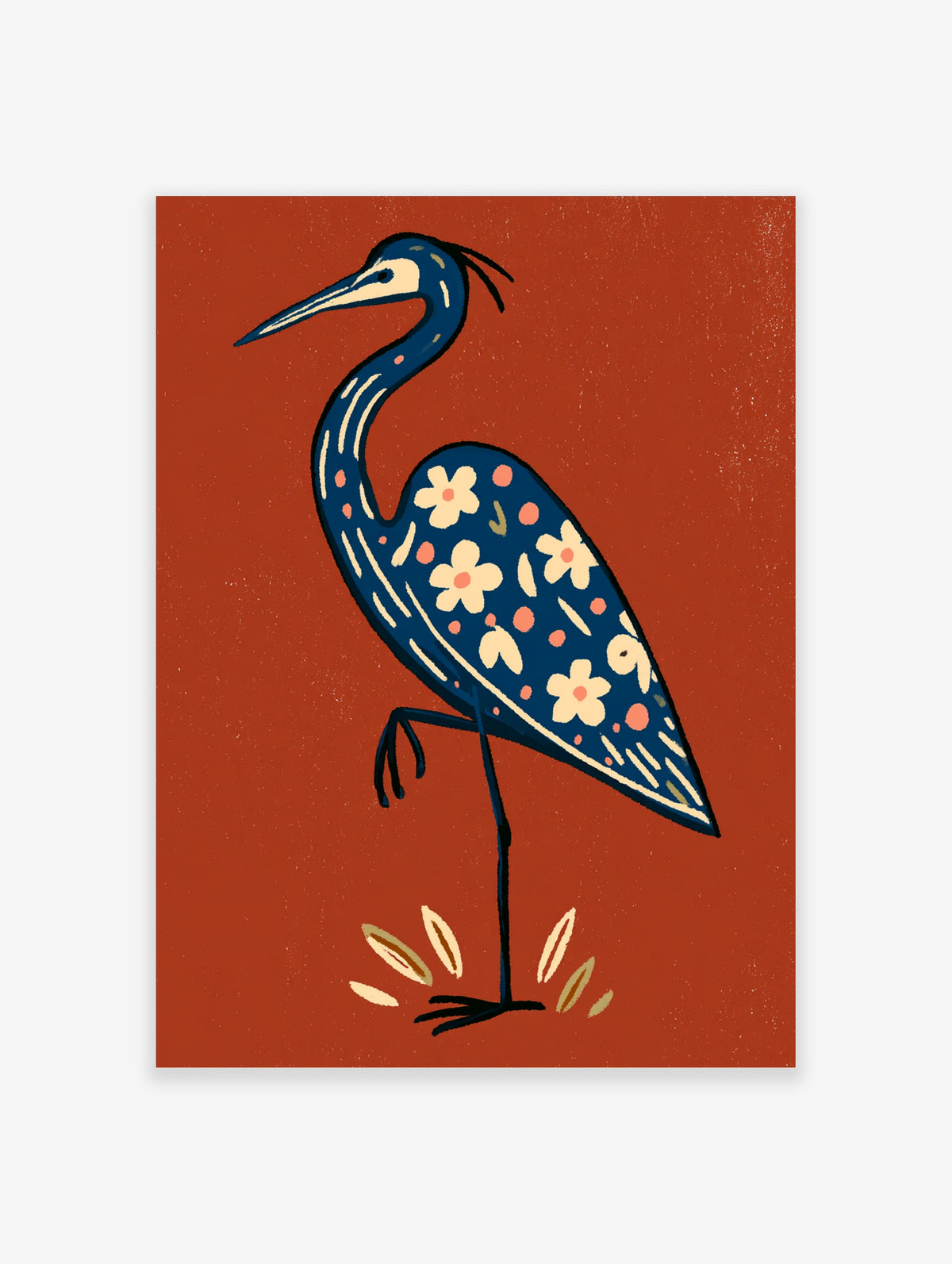 Navy blue heron with cream flowers on rust red background, illustrated animal paper print