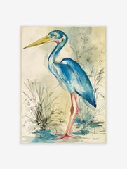 Blue heron bird illustration wall art in watercolour and ink with a yellow beak and pink legs standing in marsh