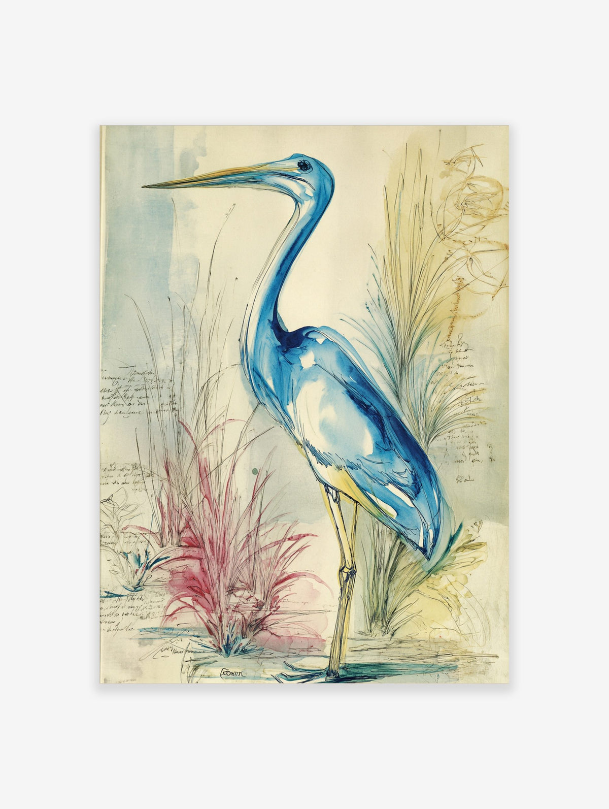 Blue heron watercolour illustration with blue washes, ink lines, and faint handwritten notes on a botanical background