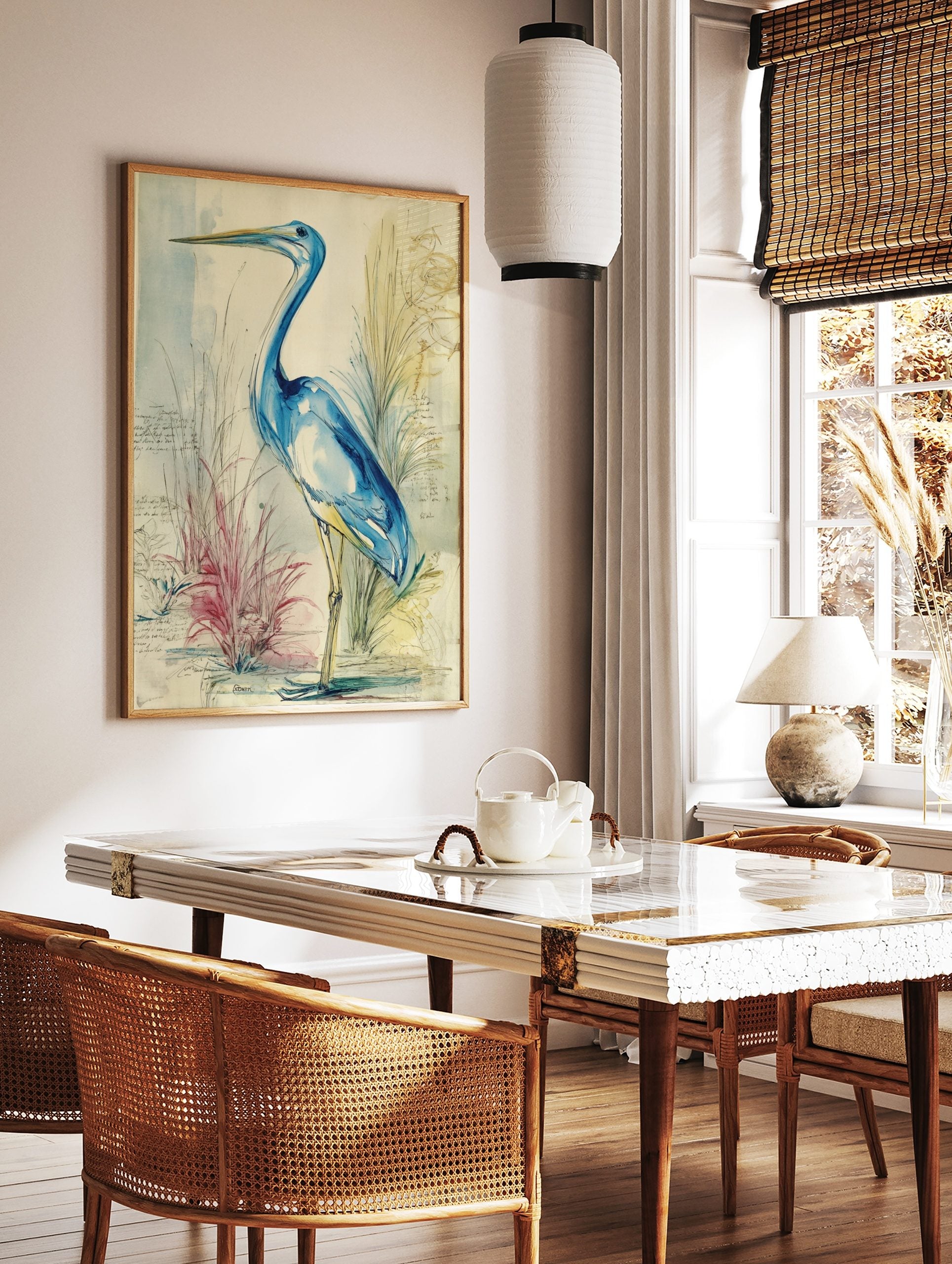 Blue heron watercolour illustration with blue washes, ink lines, and faint handwritten notes on a, in a styled room mockup