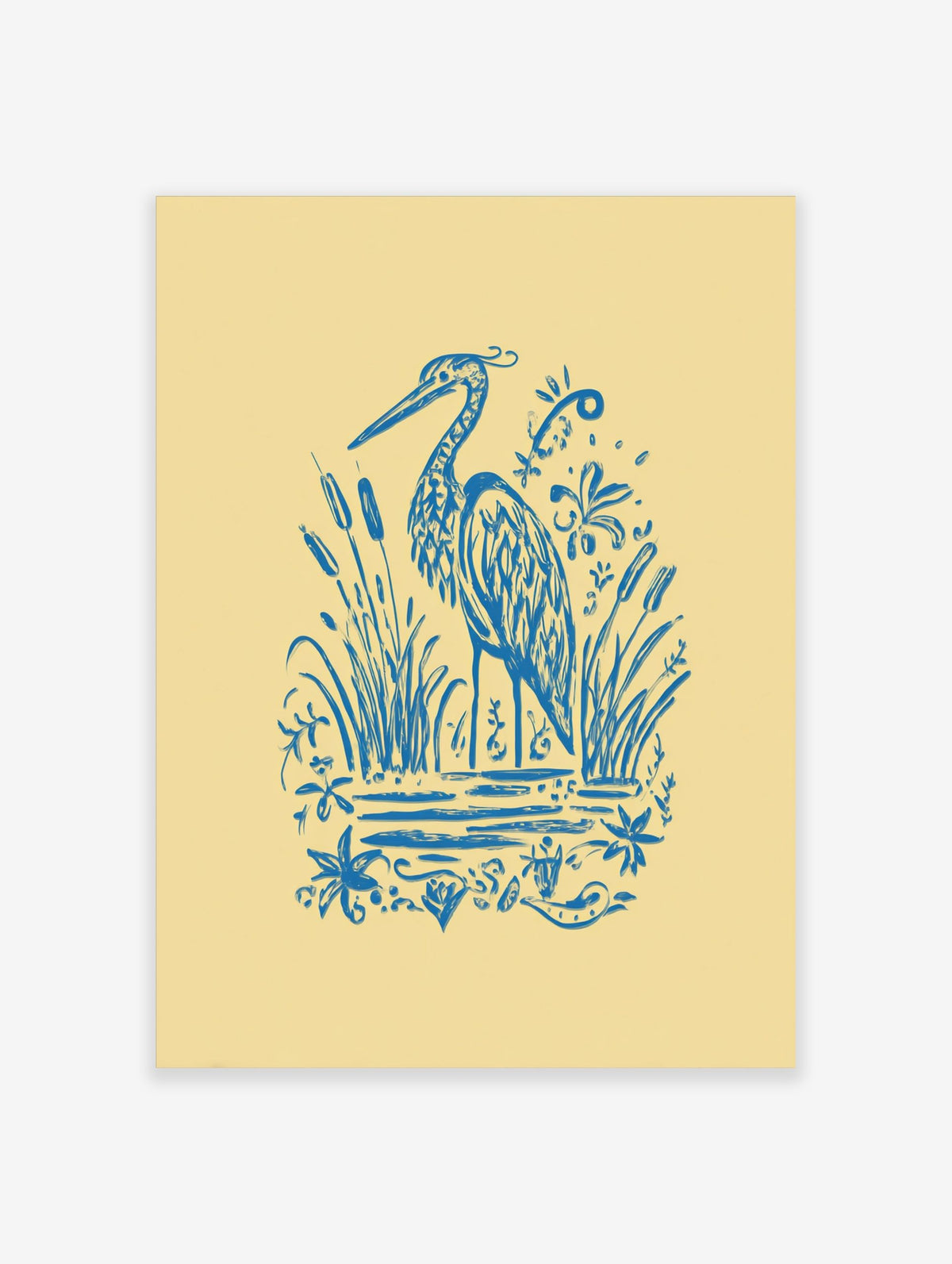Blue illustrative heron standing among cattails and water plants on a light yellow background
