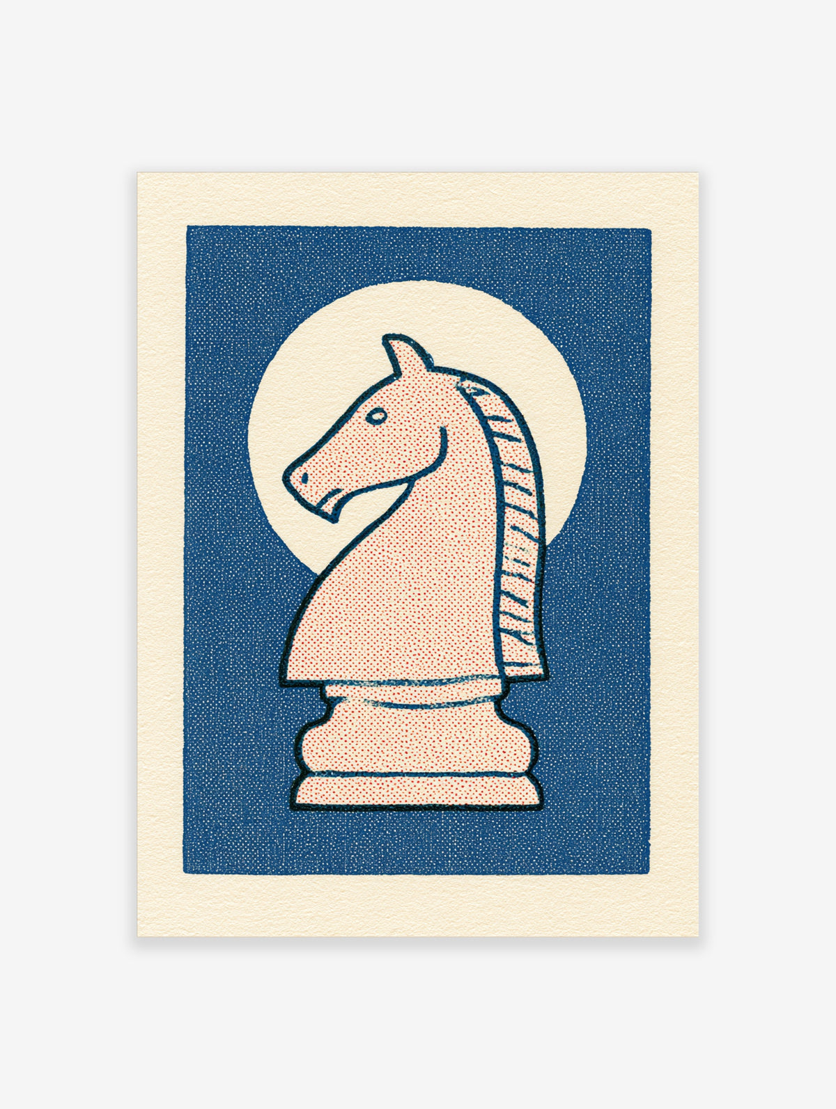Blue horse head chess piece poster with knight silhouette on cream circle and dotted blue background