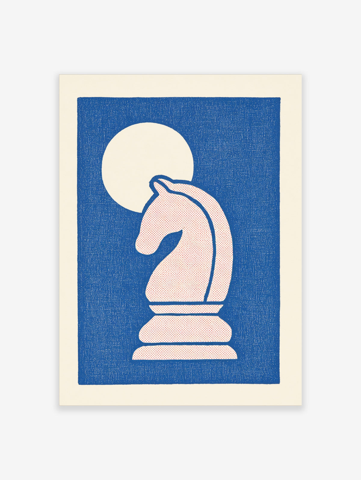 Blue horse head chess piece poster with cream circle on navy textured background